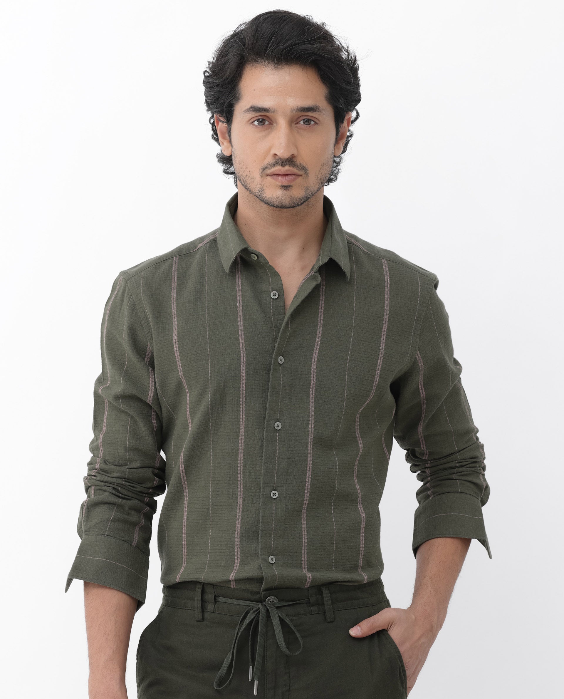 Rare Rabbit Mens Nico Olive Full Sleeve Cotton Fabric Stripe Print Shirt