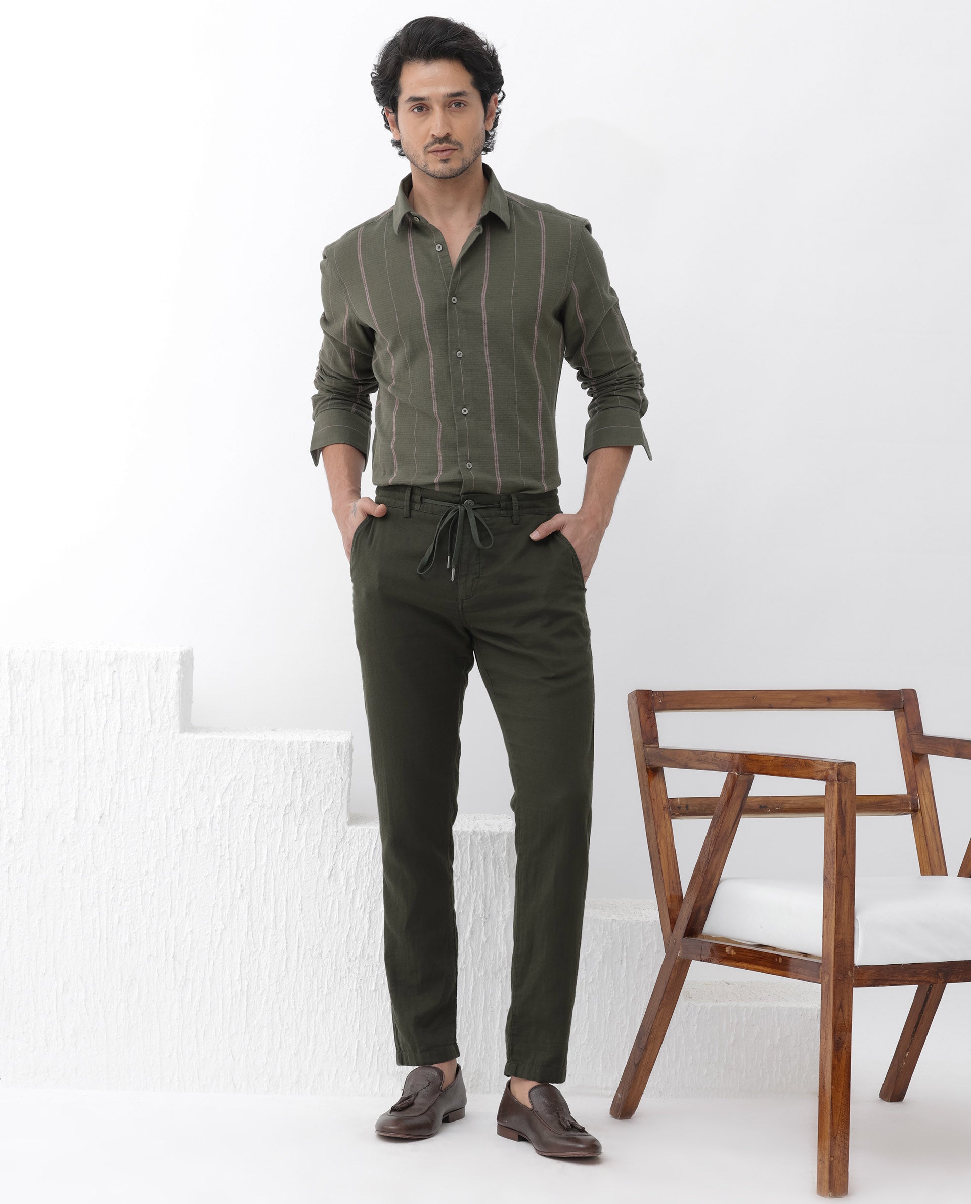 Rare Rabbit Mens Nico Olive Full Sleeve Cotton Fabric Stripe Print Shirt