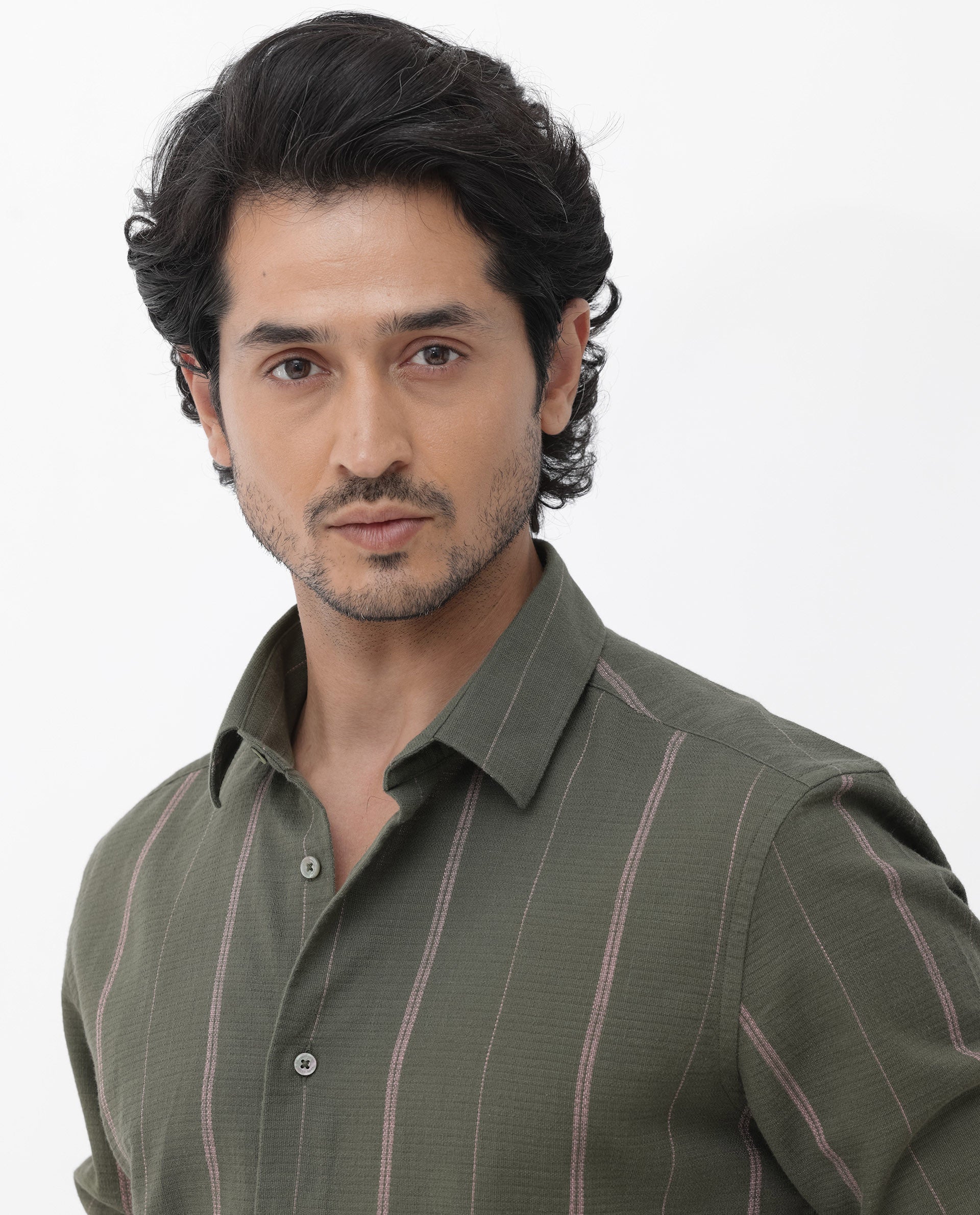 Rare Rabbit Mens Nico Olive Full Sleeve Cotton Fabric Stripe Print Shirt