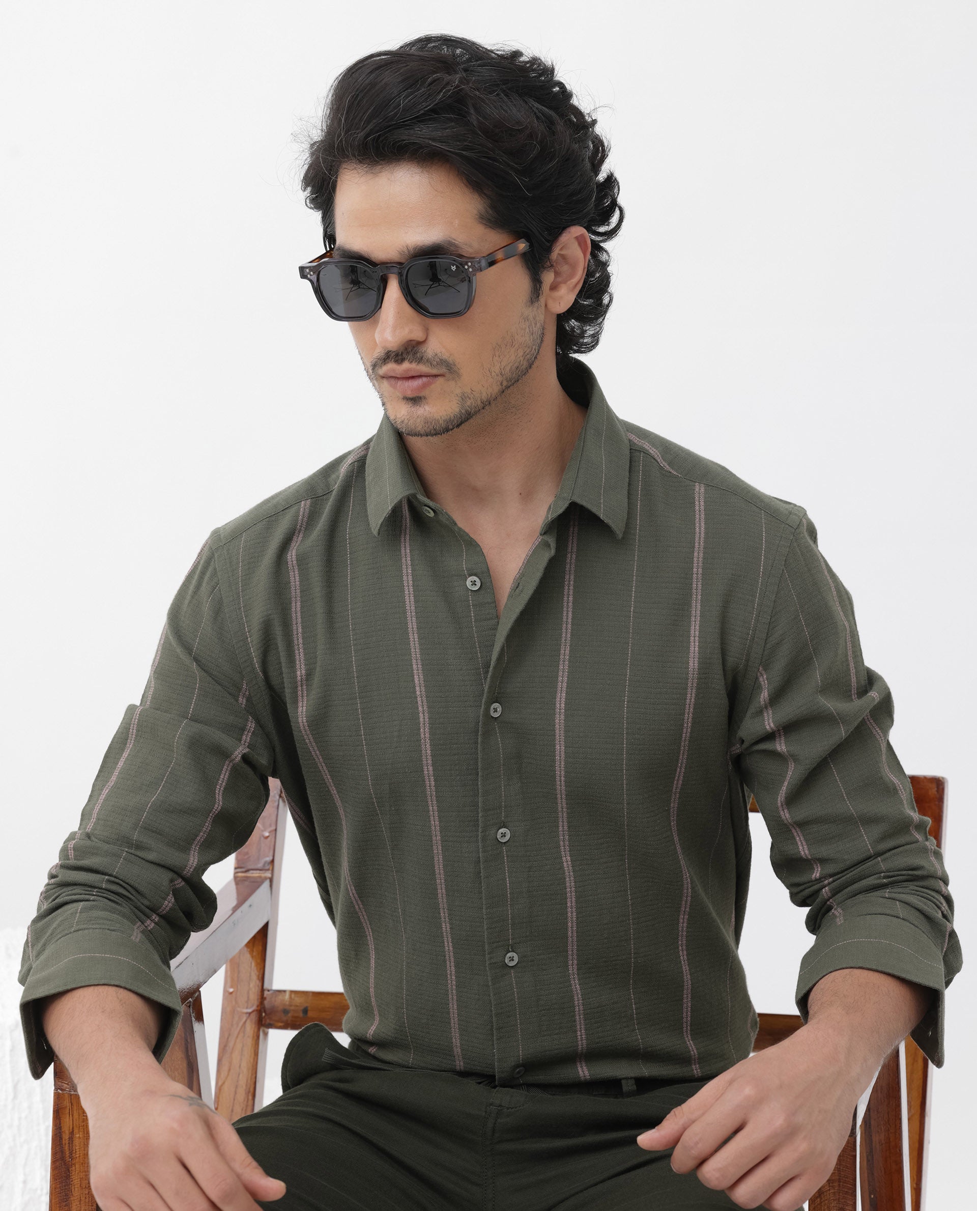 Rare Rabbit Mens Nico Olive Full Sleeve Cotton Fabric Stripe Print Shirt