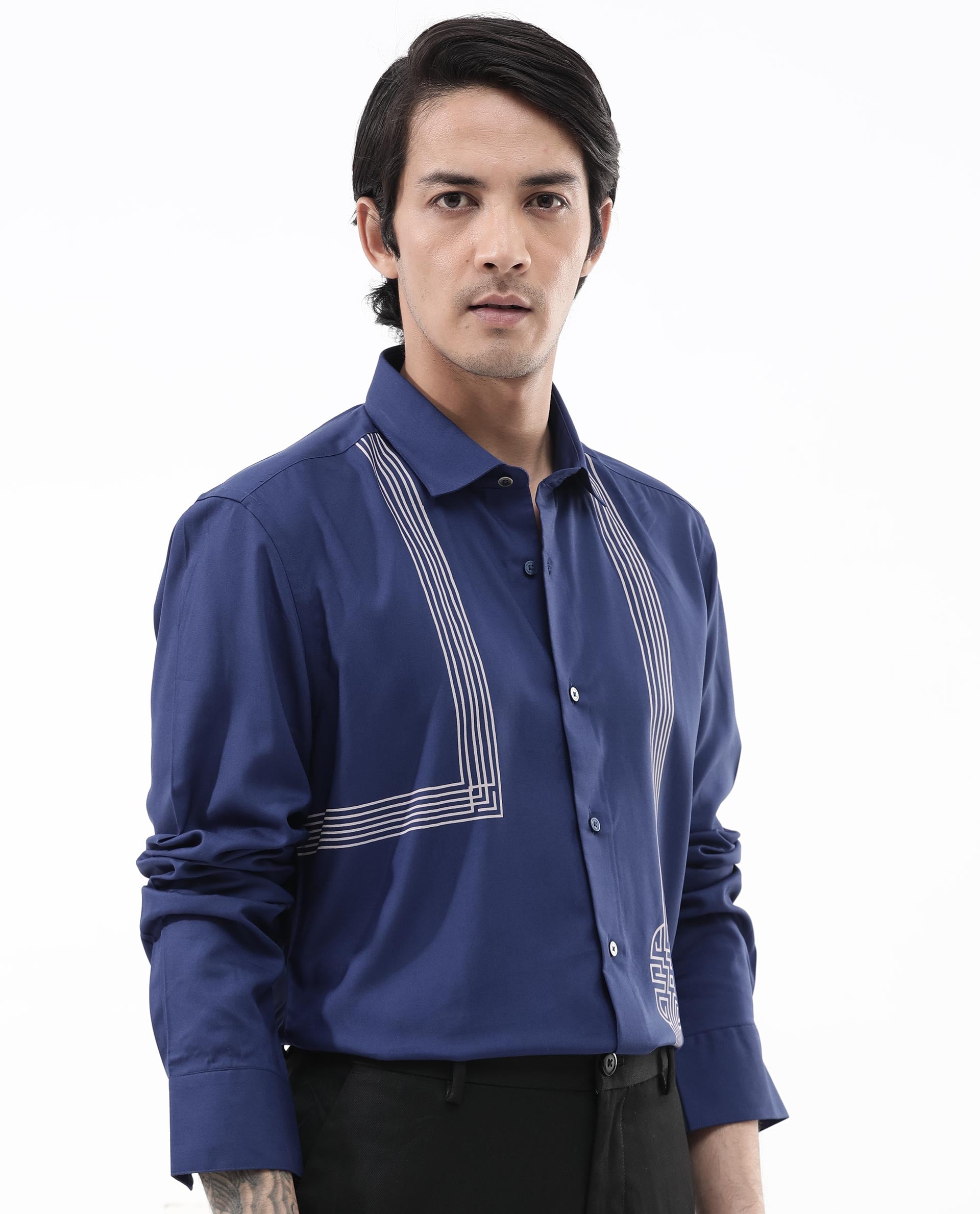 Rare Rabbit Mens Nicol Petrol Viscose Fabric Collared Neck Full Sleeves Button Closure Regular Fit Shirt