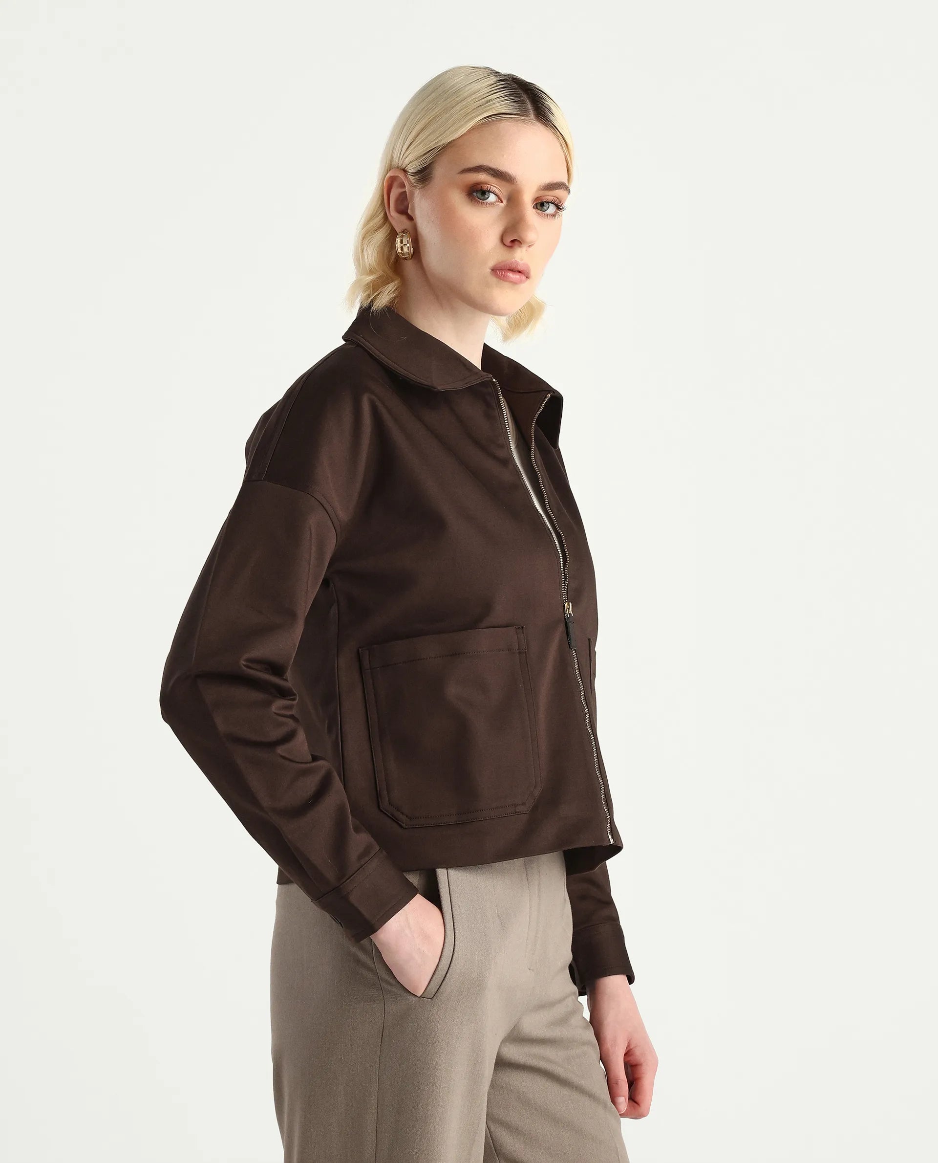 Rareism Women's Nicolin Brown Cotton Blend Spread Collar Relaxed Fit Jacket