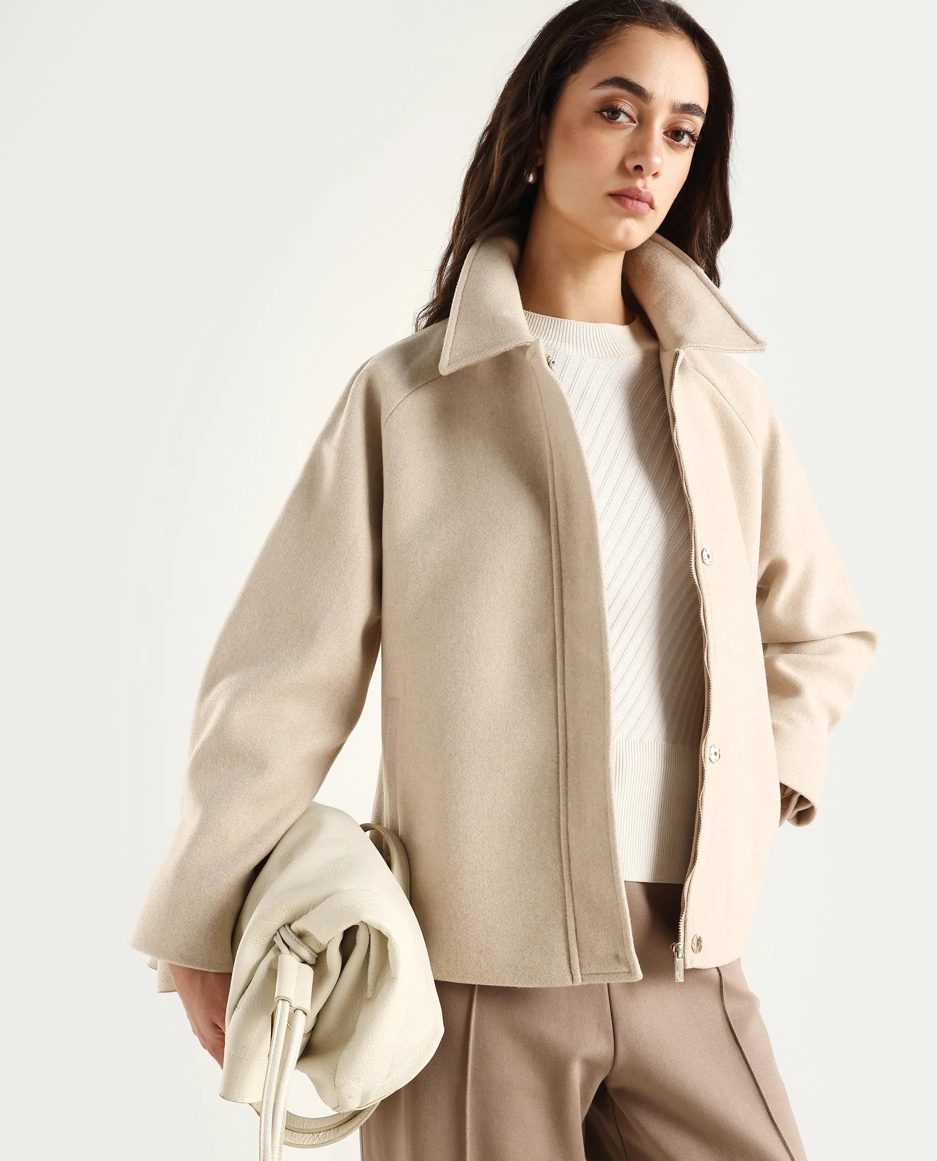 Rareism Women's Nicos Beige Polyester Blend Collared Neck Jacket Plain Jacket