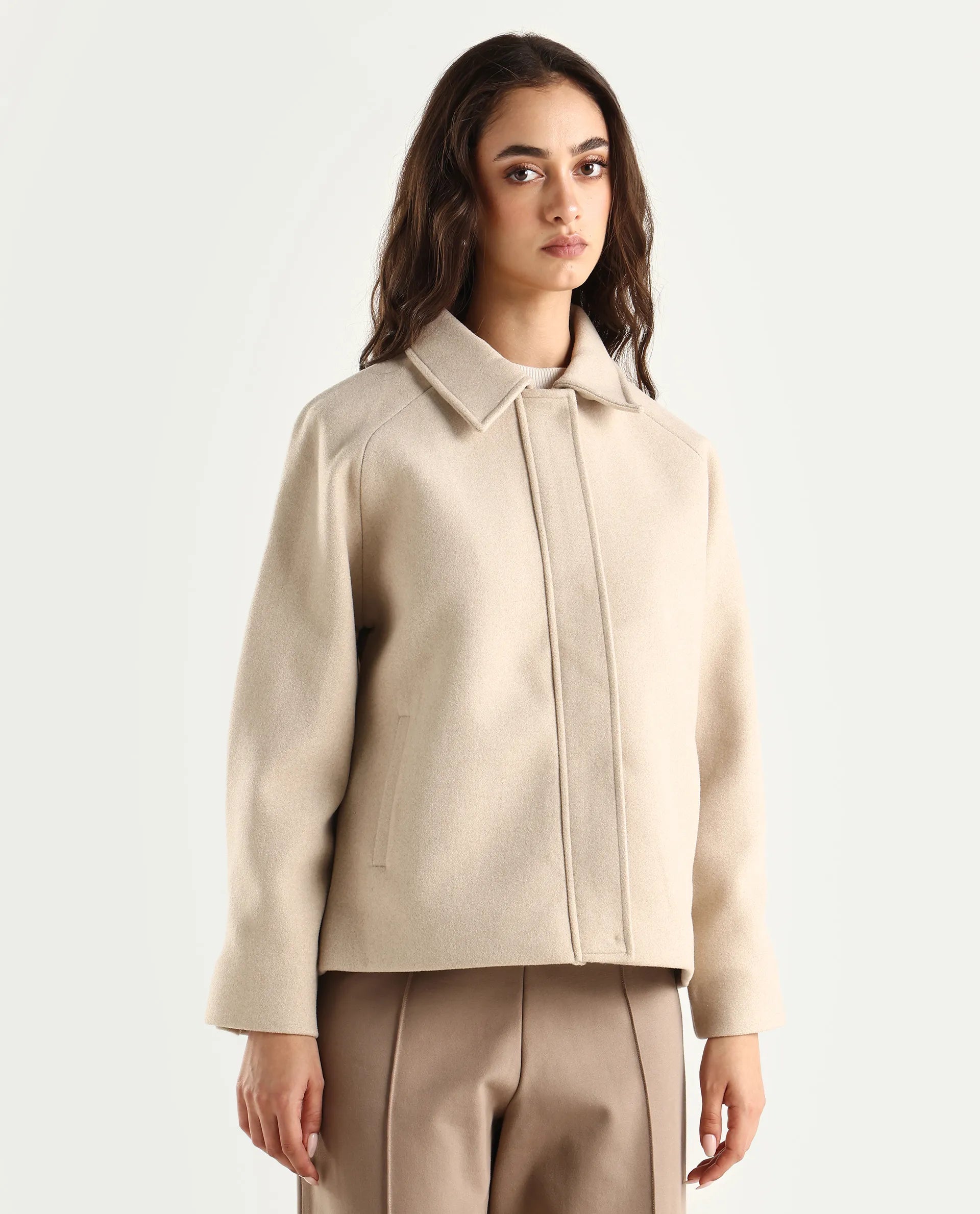 Rareism Women's Nicos Beige Polyester Blend Collared Neck Jacket Plain Jacket
