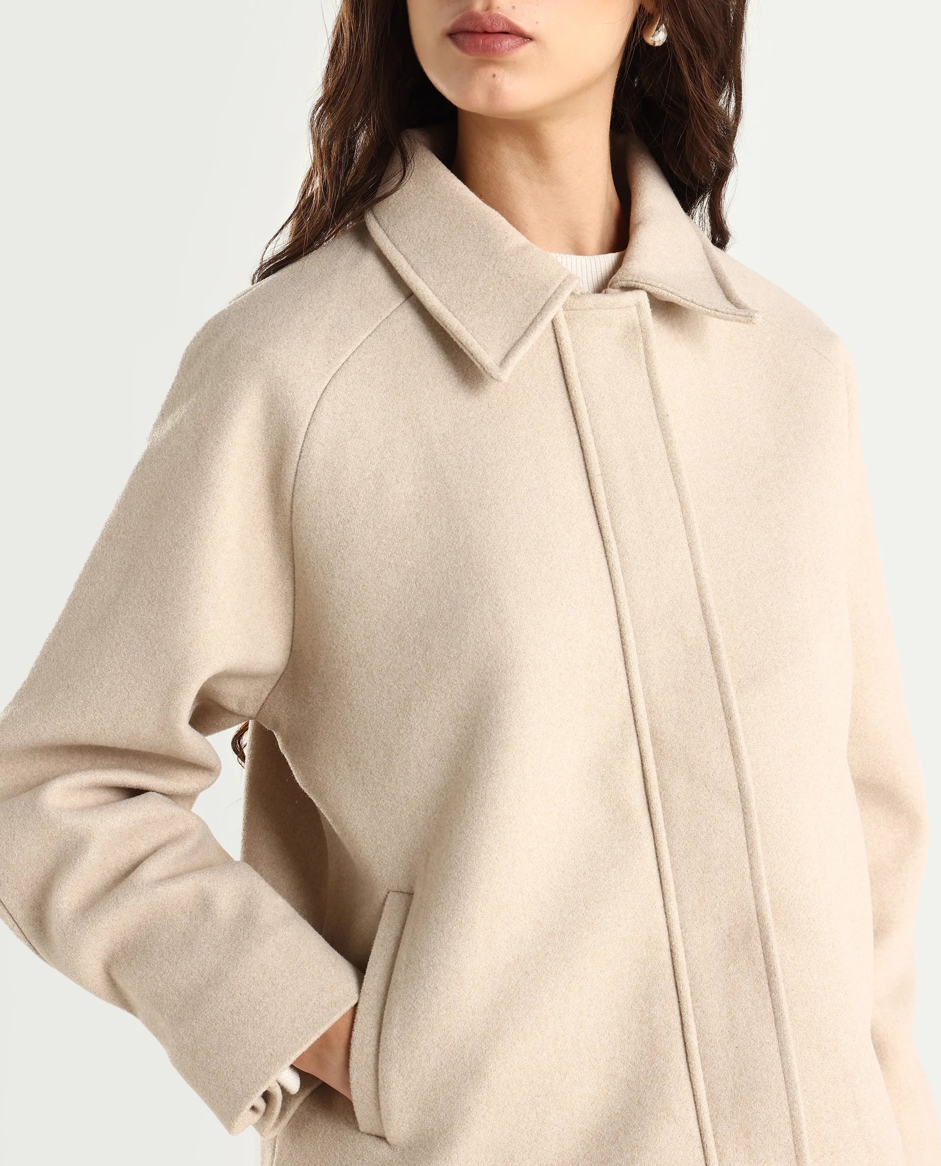 Rareism Women's Nicos Beige Polyester Blend Collared Neck Jacket Plain Jacket