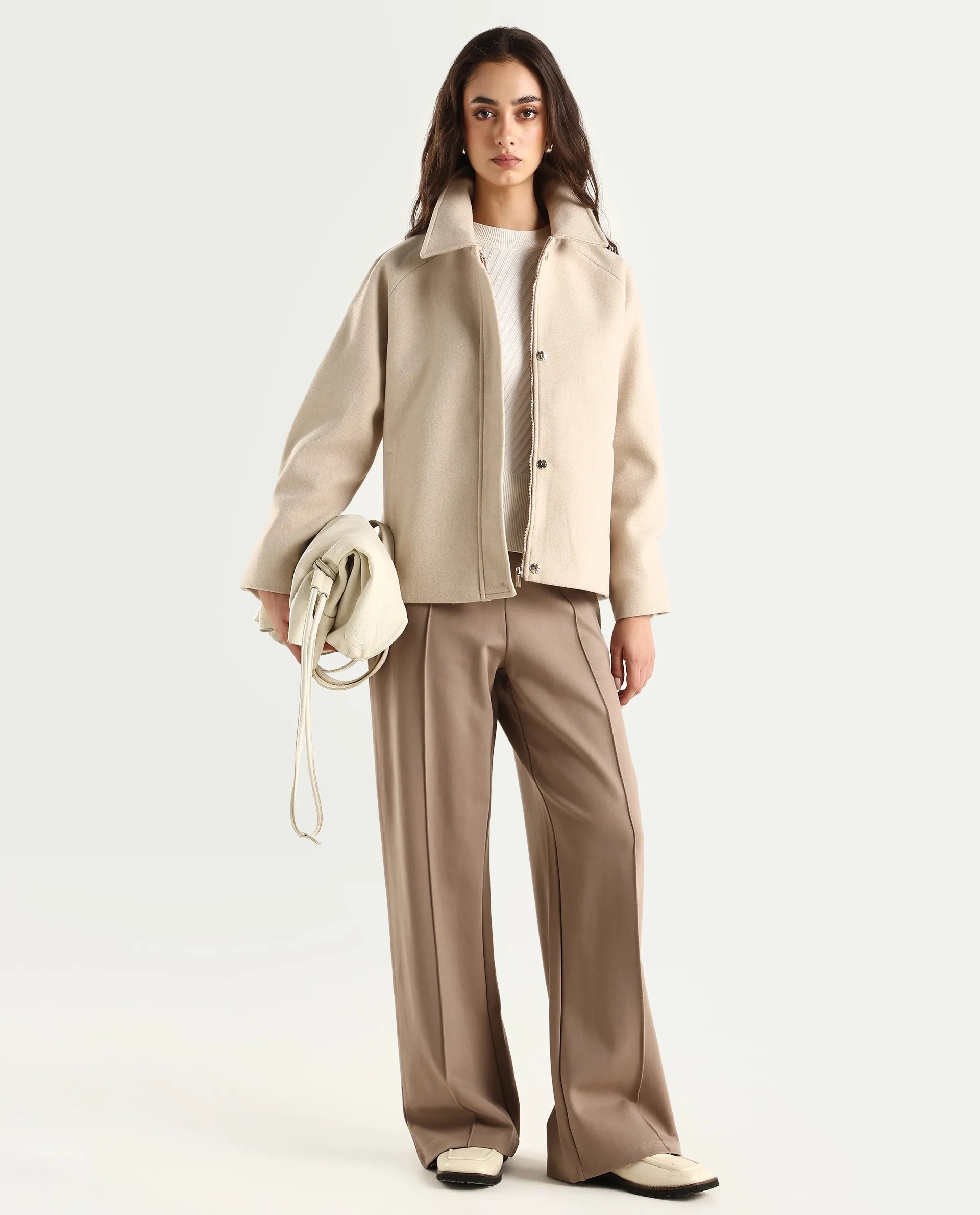 Rareism Women's Nicos Beige Polyester Blend Collared Neck Jacket Plain Jacket