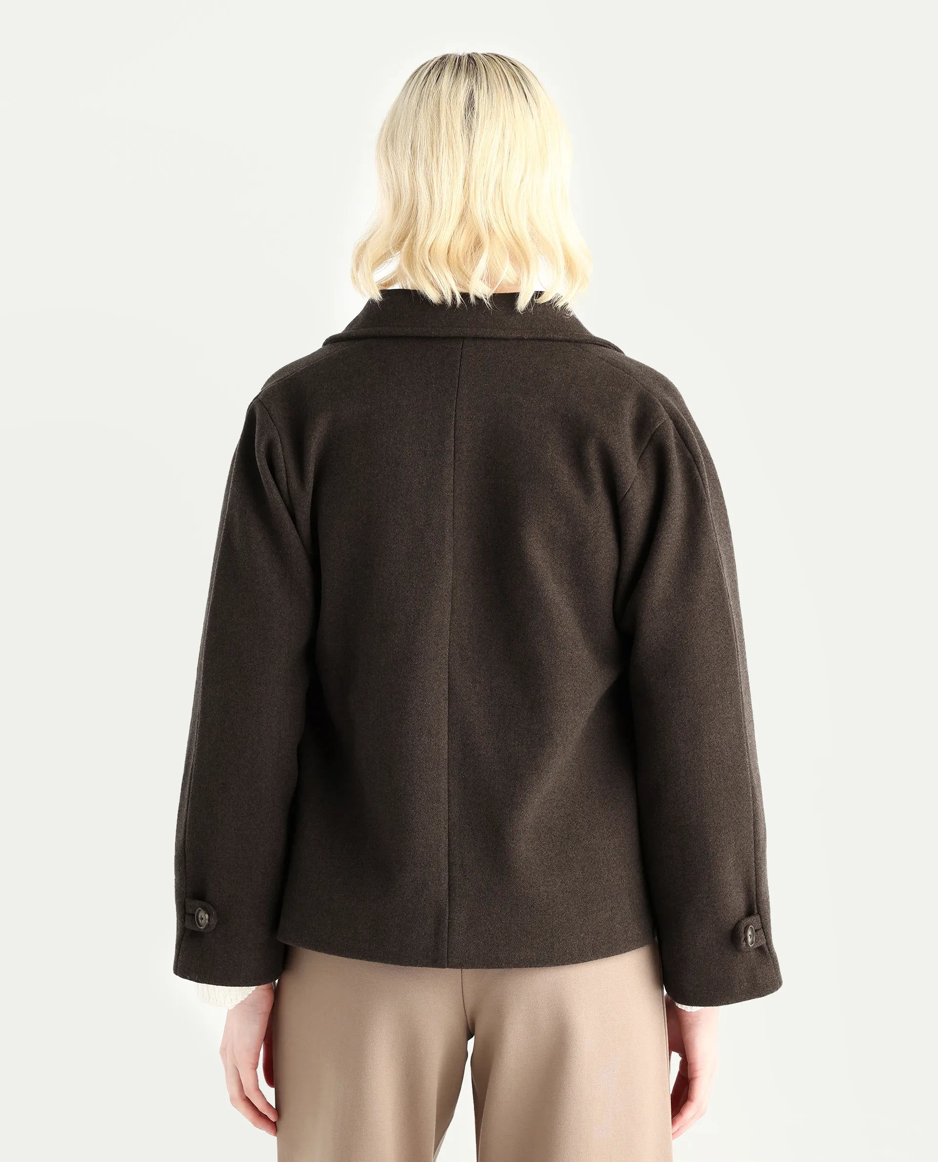 Rareism Women's Nicos Coffee Polyester Blend Collared Neck Jacket Plain Jacket