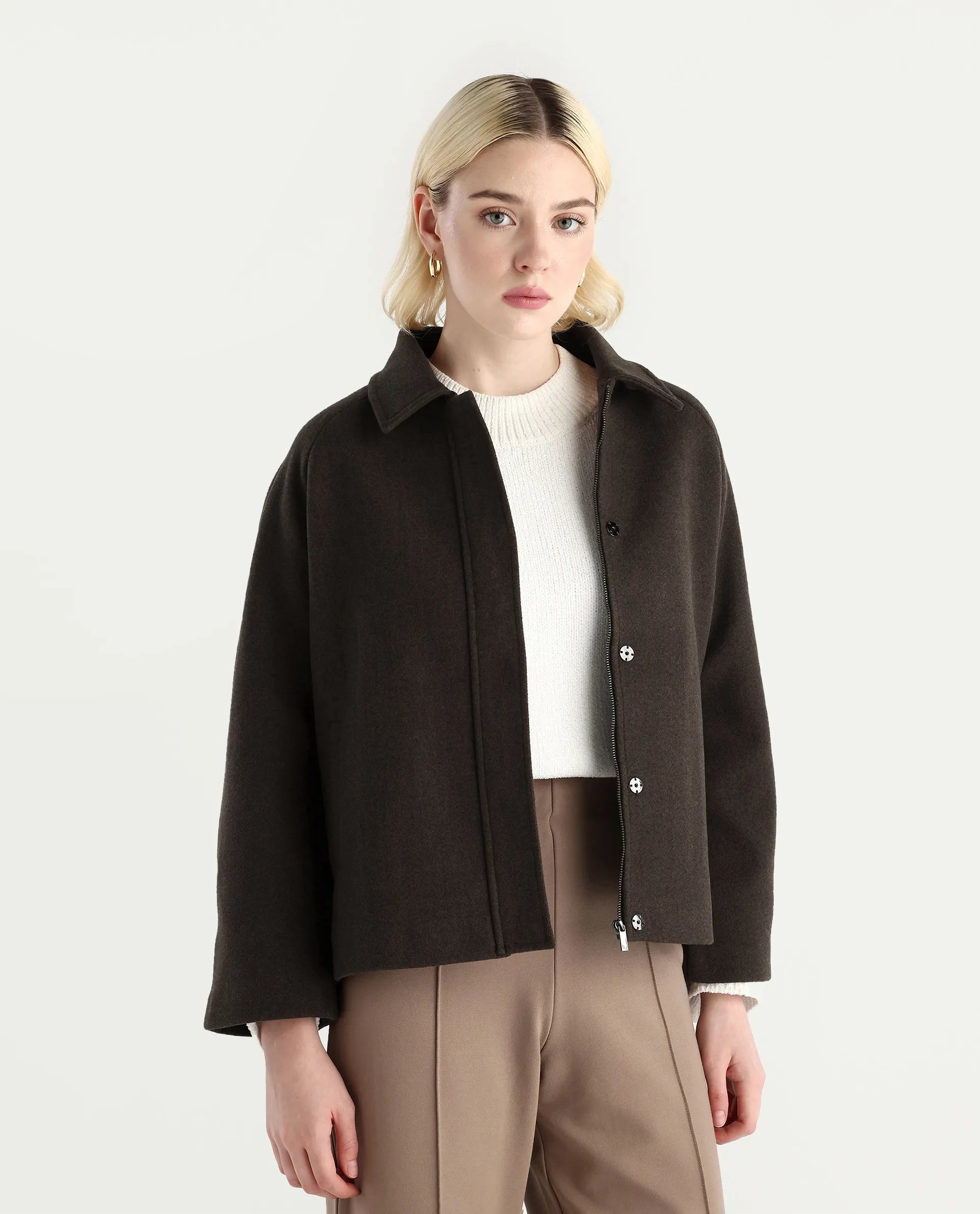 Rareism Women's Nicos Coffee Polyester Blend Collared Neck Jacket Plain Jacket