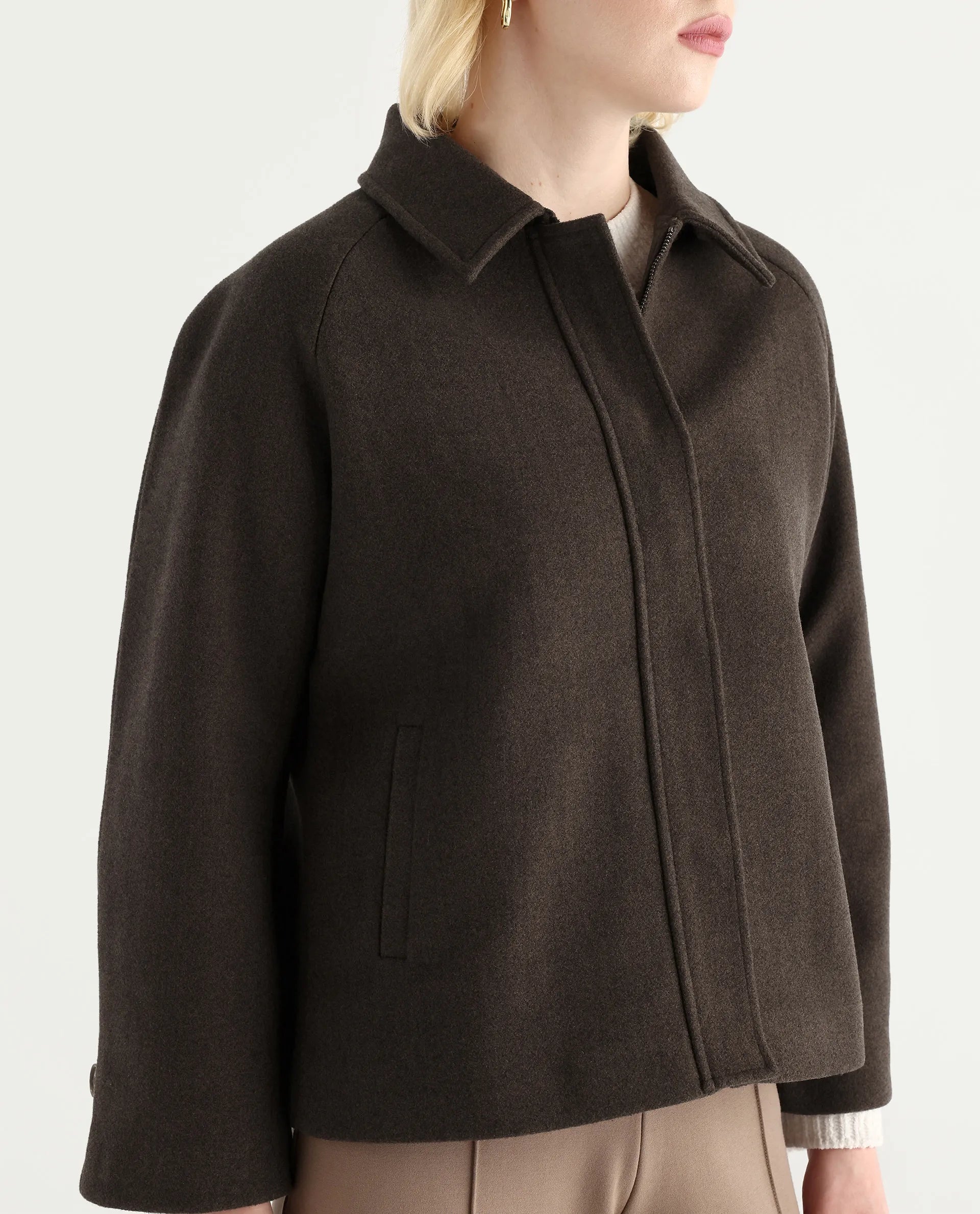 Rareism Women's Nicos Coffee Polyester Blend Collared Neck Jacket Plain Jacket