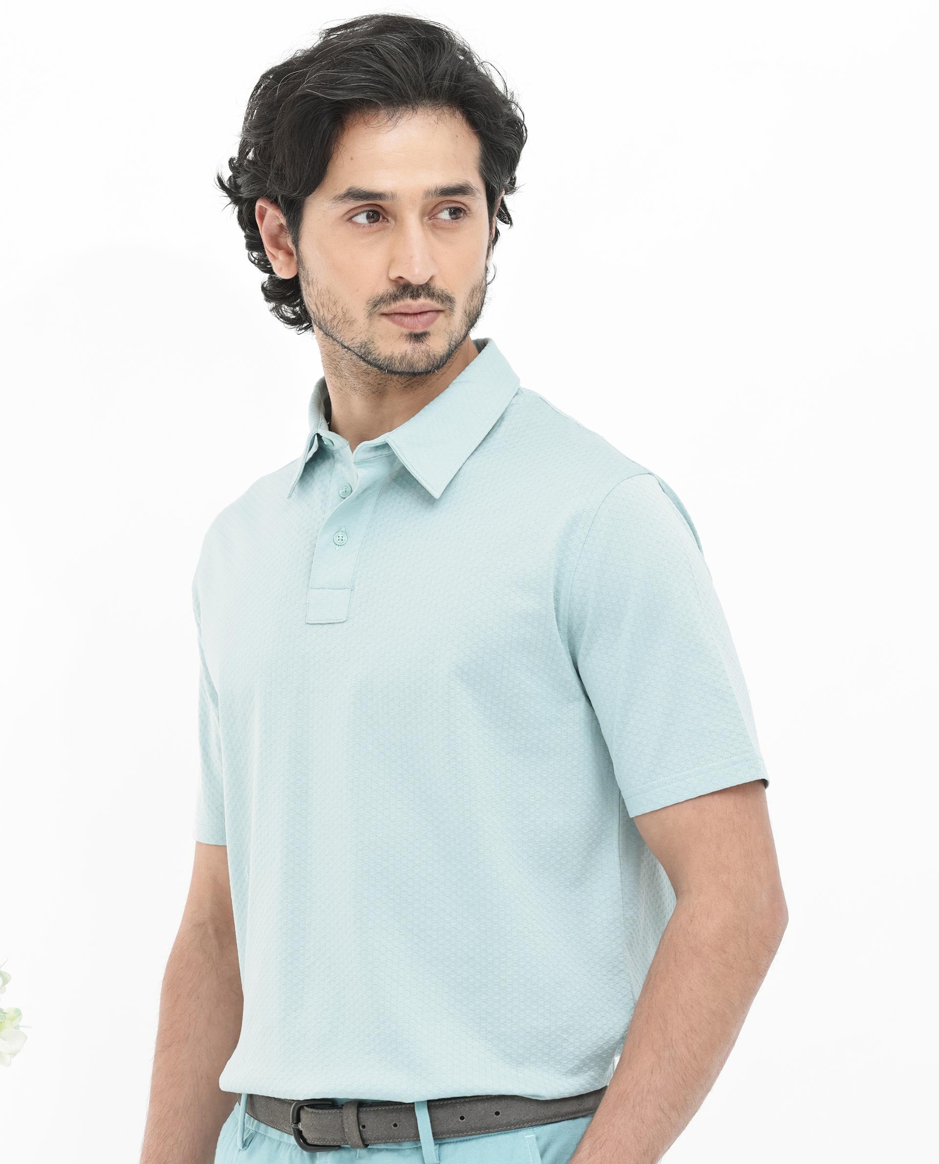 Rare Rabbit Mens Nielson Pastel Turq Cotton Fabric Short Sleeve Jacquard Polo T-Shirt