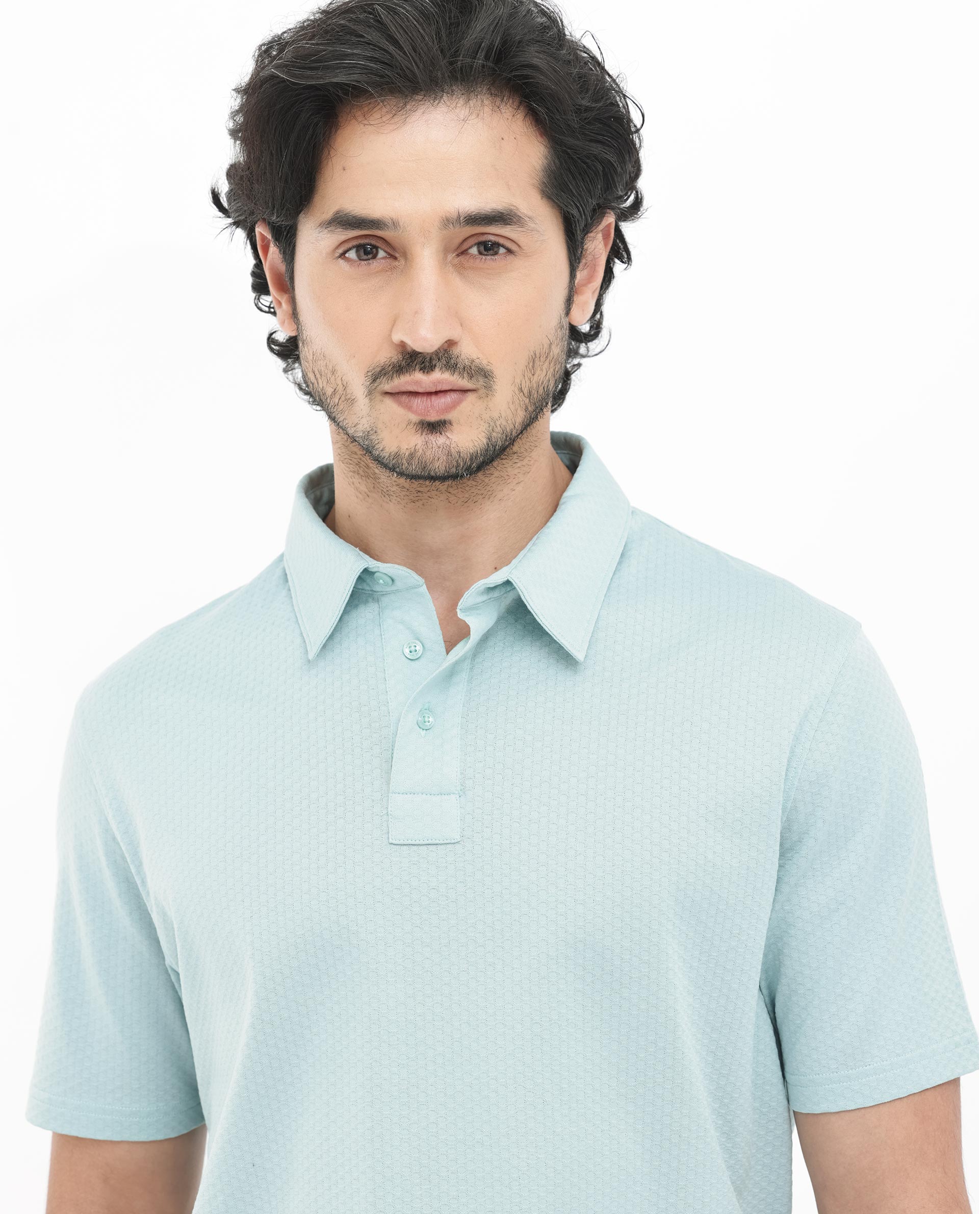 Rare Rabbit Mens Nielson Pastel Turq Cotton Fabric Short Sleeve Jacquard Polo T-Shirt