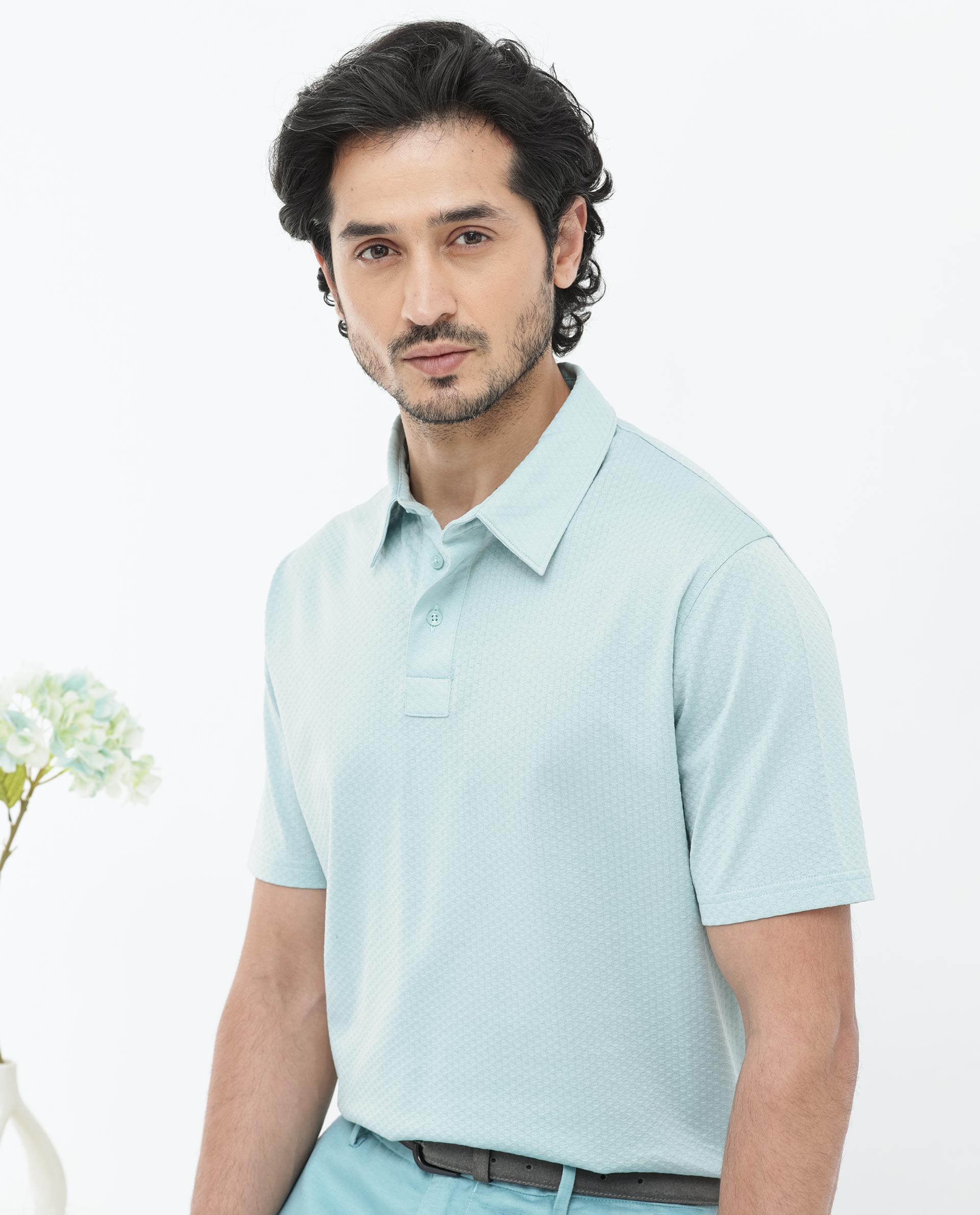 Rare Rabbit Mens Nielson Pastel Turq Cotton Fabric Short Sleeve Jacquard Polo T-Shirt