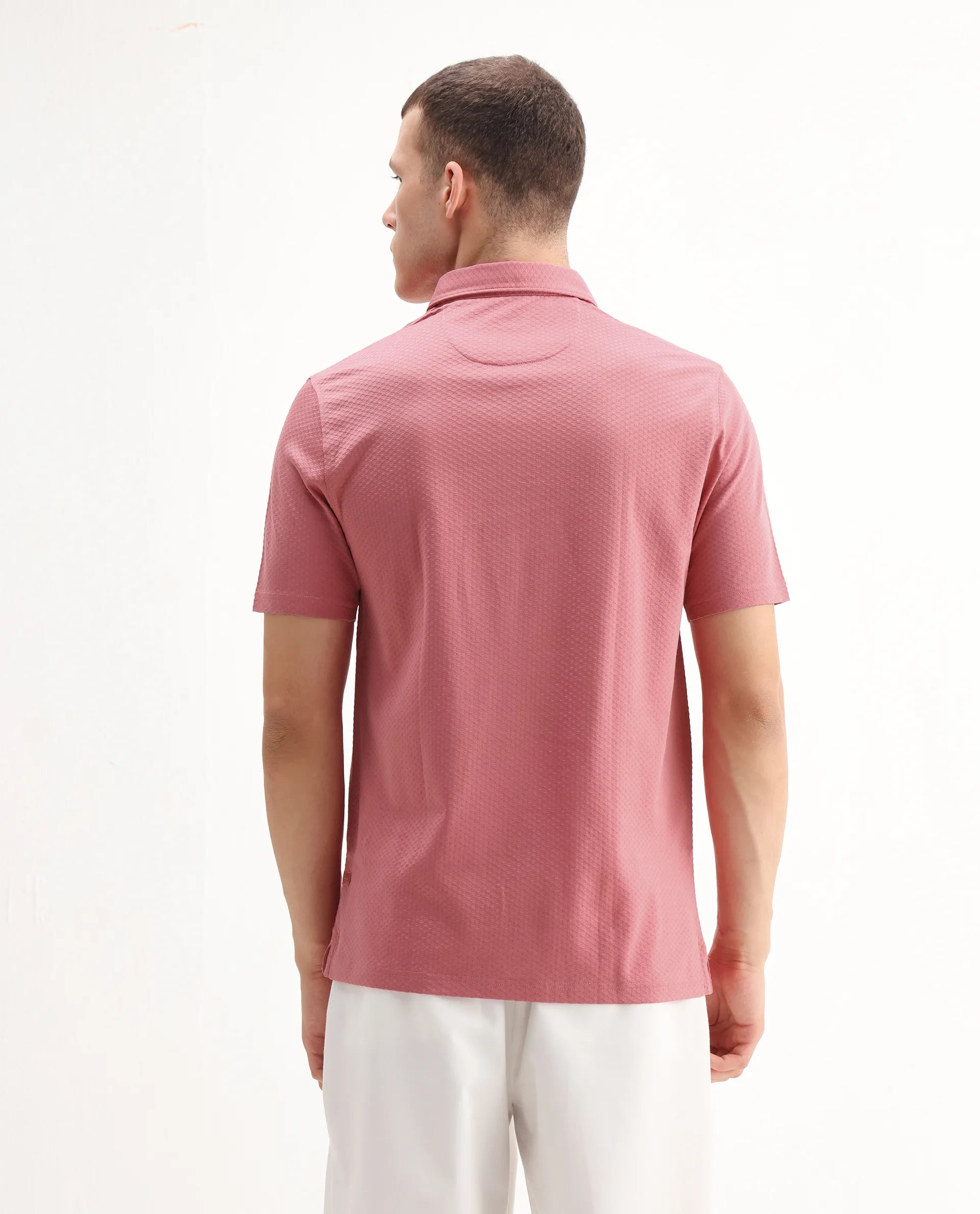 Rare Rabbit Men's Nielson Pastel Pink Cotton Textured Regular Fit Half Sleeve Polo