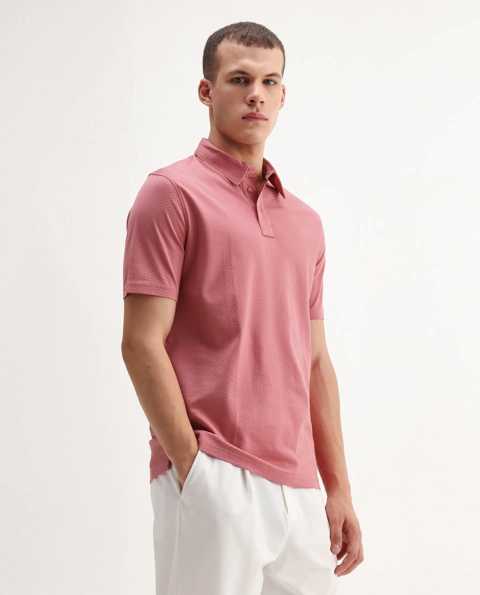 Rare Rabbit Men's Nielson Pastel Pink Cotton Textured Regular Fit Half Sleeve Polo