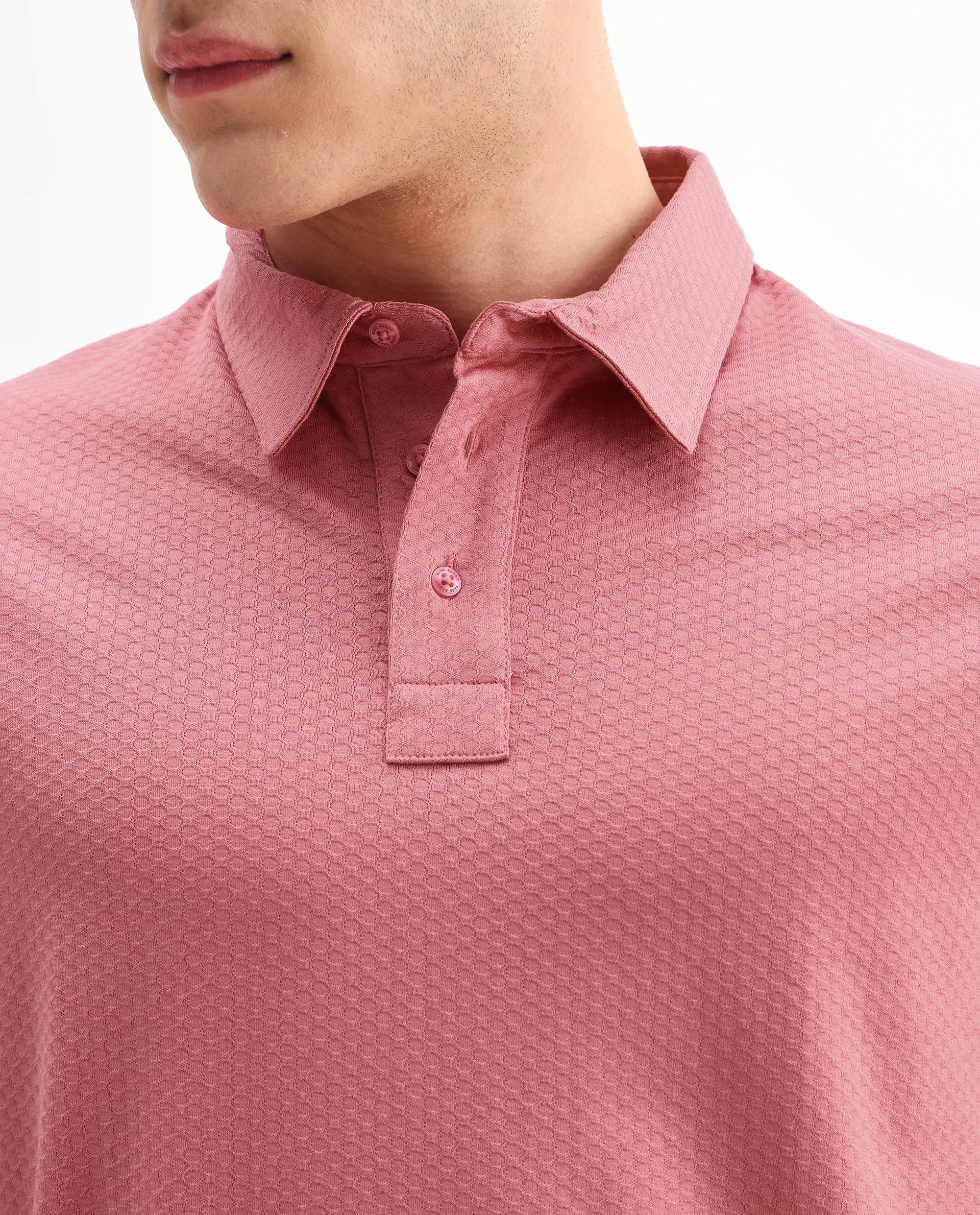Rare Rabbit Men's Nielson Pastel Pink Cotton Textured Regular Fit Half Sleeve Polo