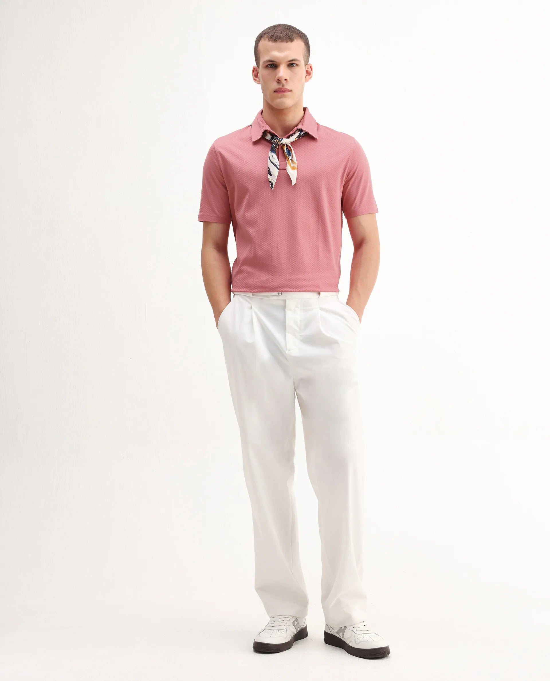 Rare Rabbit Men's Nielson Pastel Pink Cotton Textured Regular Fit Half Sleeve Polo