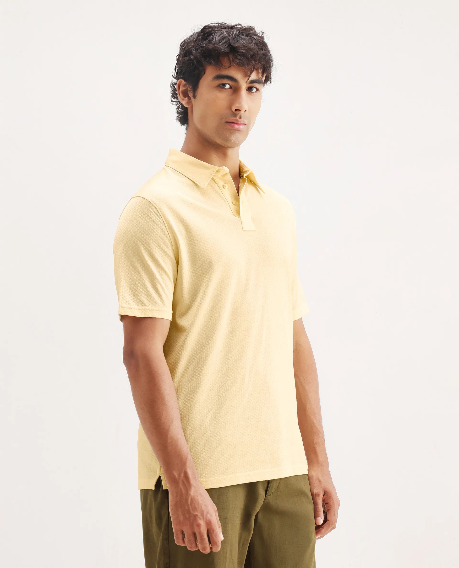 Rare Rabbit Men's Nielson Pastel Yellow Cotton Textured Regular Fit Half Sleeve Polo