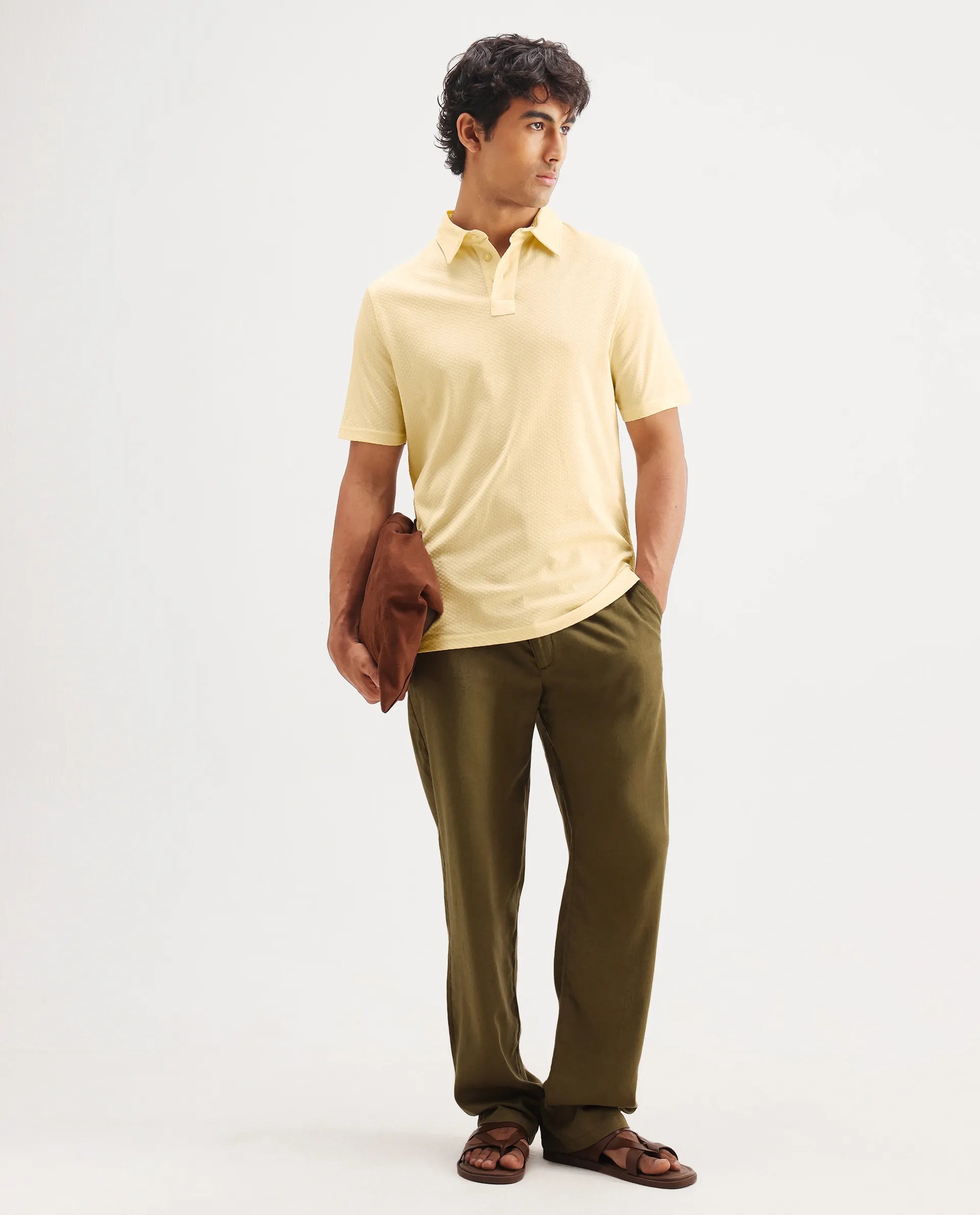 Rare Rabbit Men's Nielson Pastel Yellow Cotton Textured Regular Fit Half Sleeve Polo