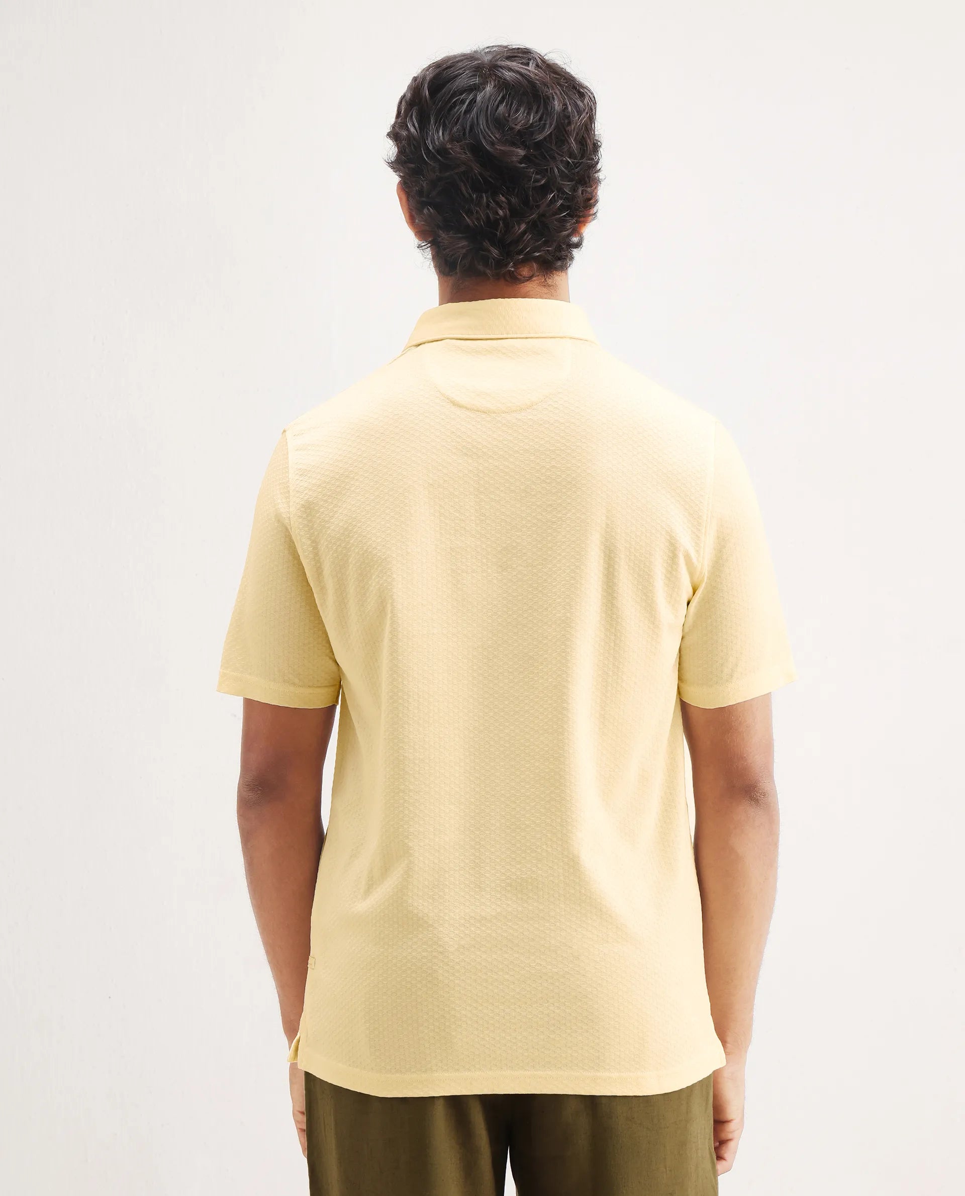 Rare Rabbit Men's Nielson Pastel Yellow Cotton Textured Regular Fit Half Sleeve Polo