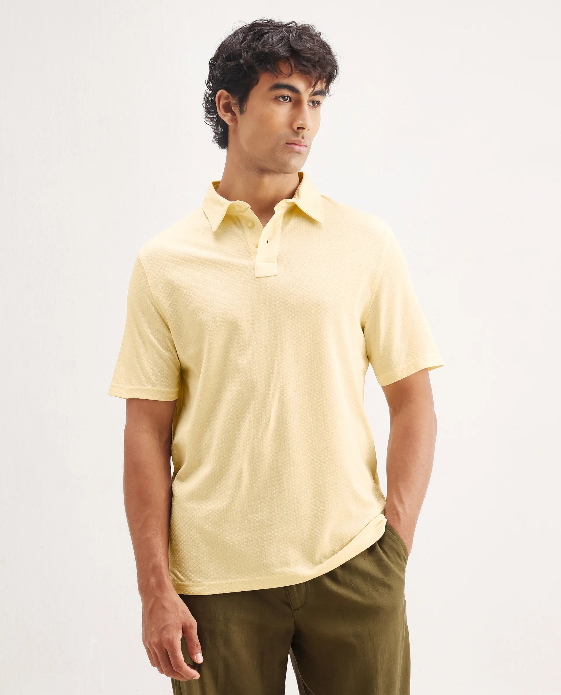 Rare Rabbit Men's Nielson Pastel Yellow Cotton Textured Regular Fit Half Sleeve Polo