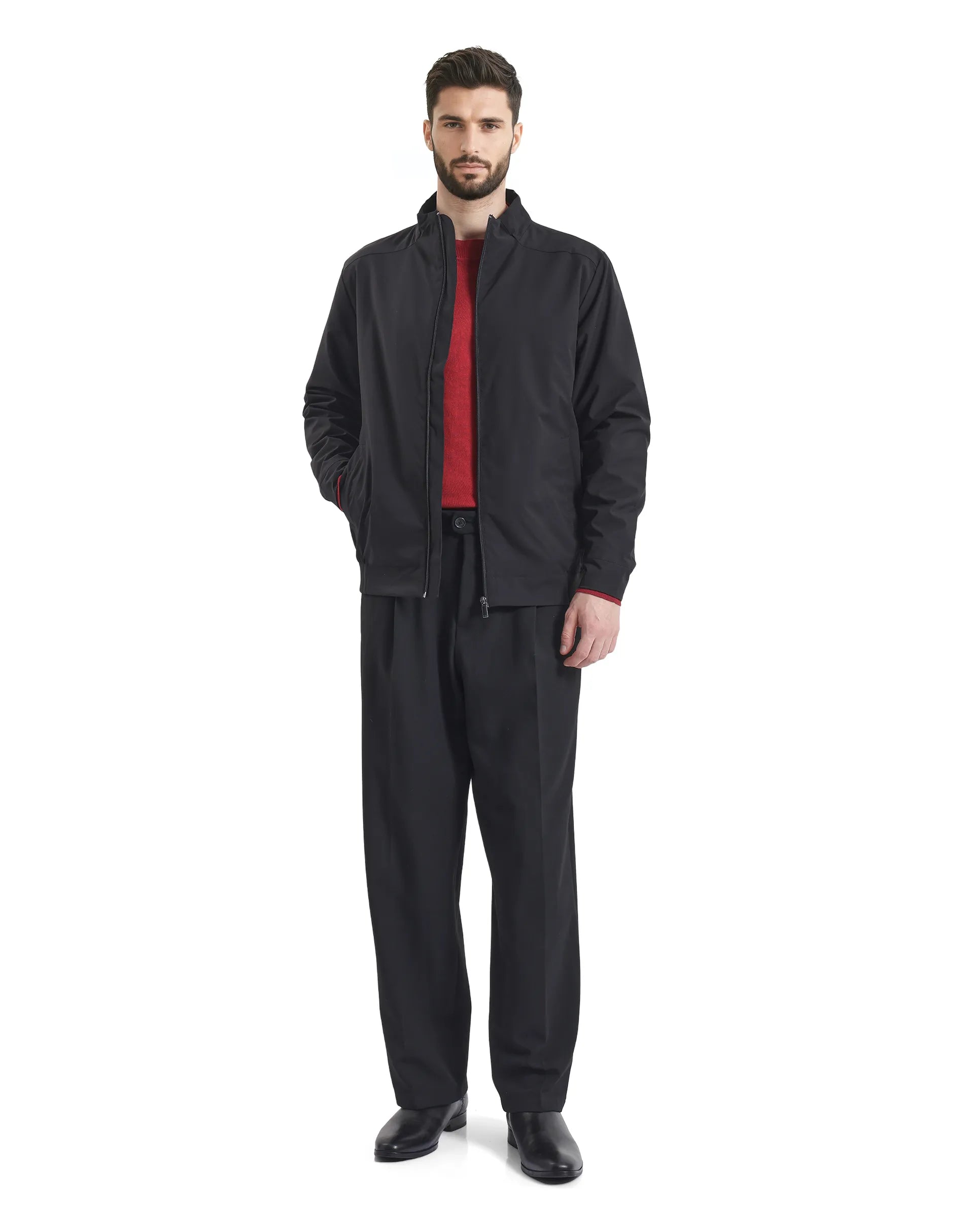 Rare Rabbit Men Niger Black Polyester Fabric Full Sleeve Curved High Collar Typography Backprint Jacket