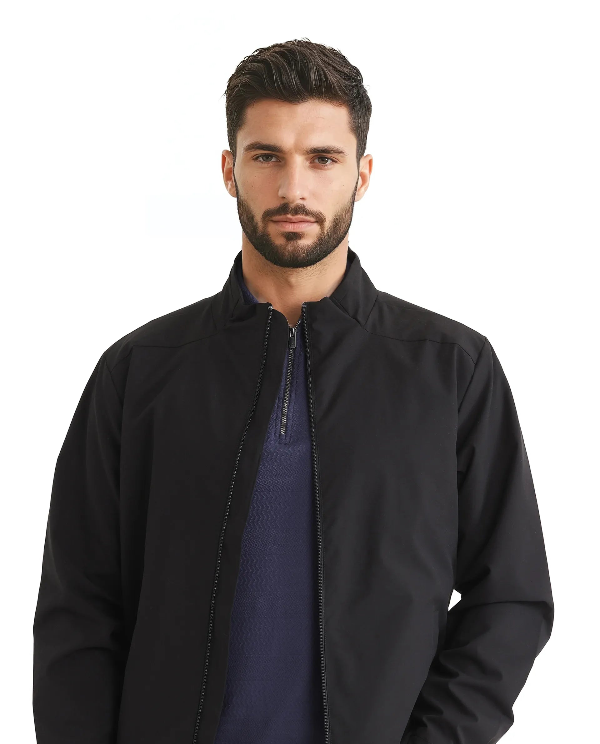 Rare Rabbit Men Niger Black Polyester Fabric Full Sleeve Curved High Collar Typography Backprint Jacket