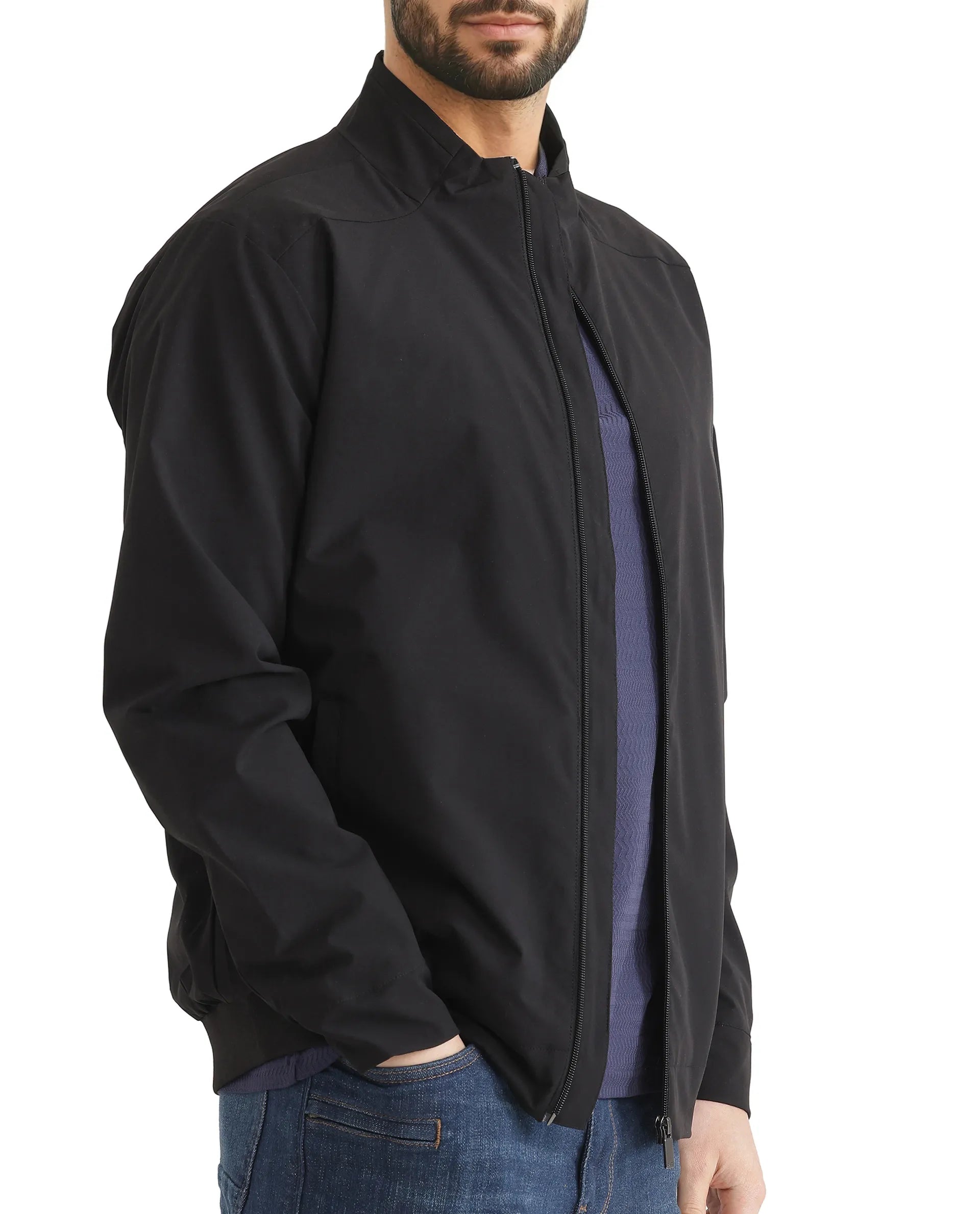 Rare Rabbit Men Niger Black Polyester Fabric Full Sleeve Curved High Collar Typography Backprint Jacket