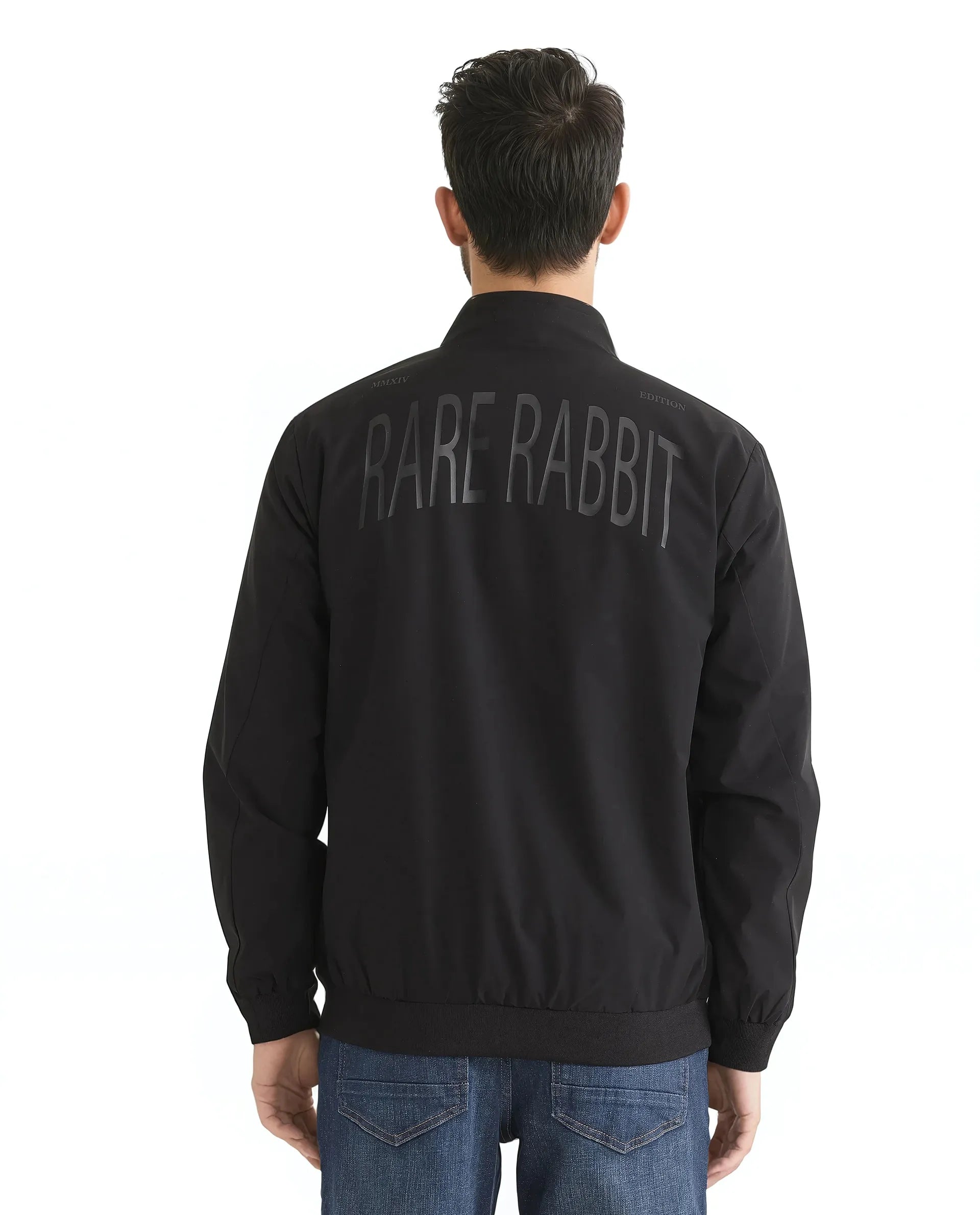 Rare Rabbit Men Niger Black Polyester Fabric Full Sleeve Curved High Collar Typography Backprint Jacket