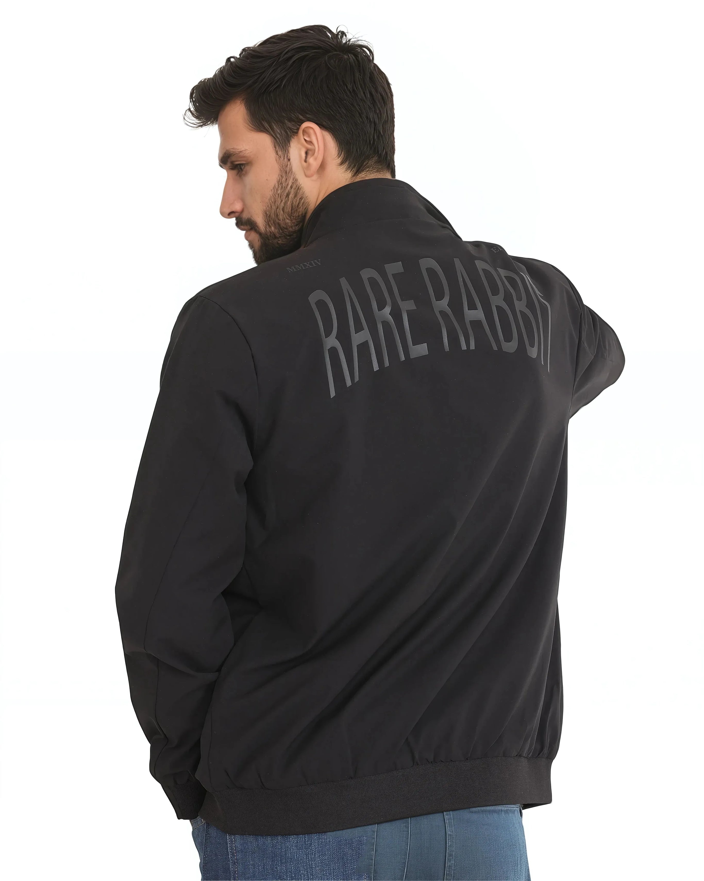 Rare Rabbit Men Niger Black Polyester Fabric Full Sleeve Curved High Collar Typography Backprint Jacket