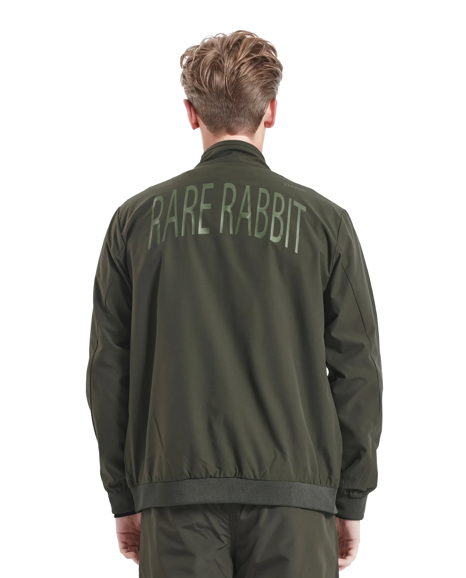 Rare Rabbit Men Niger Green Polyester Fabric Full Sleeve Curved High Collar Typography Backprint Jacket