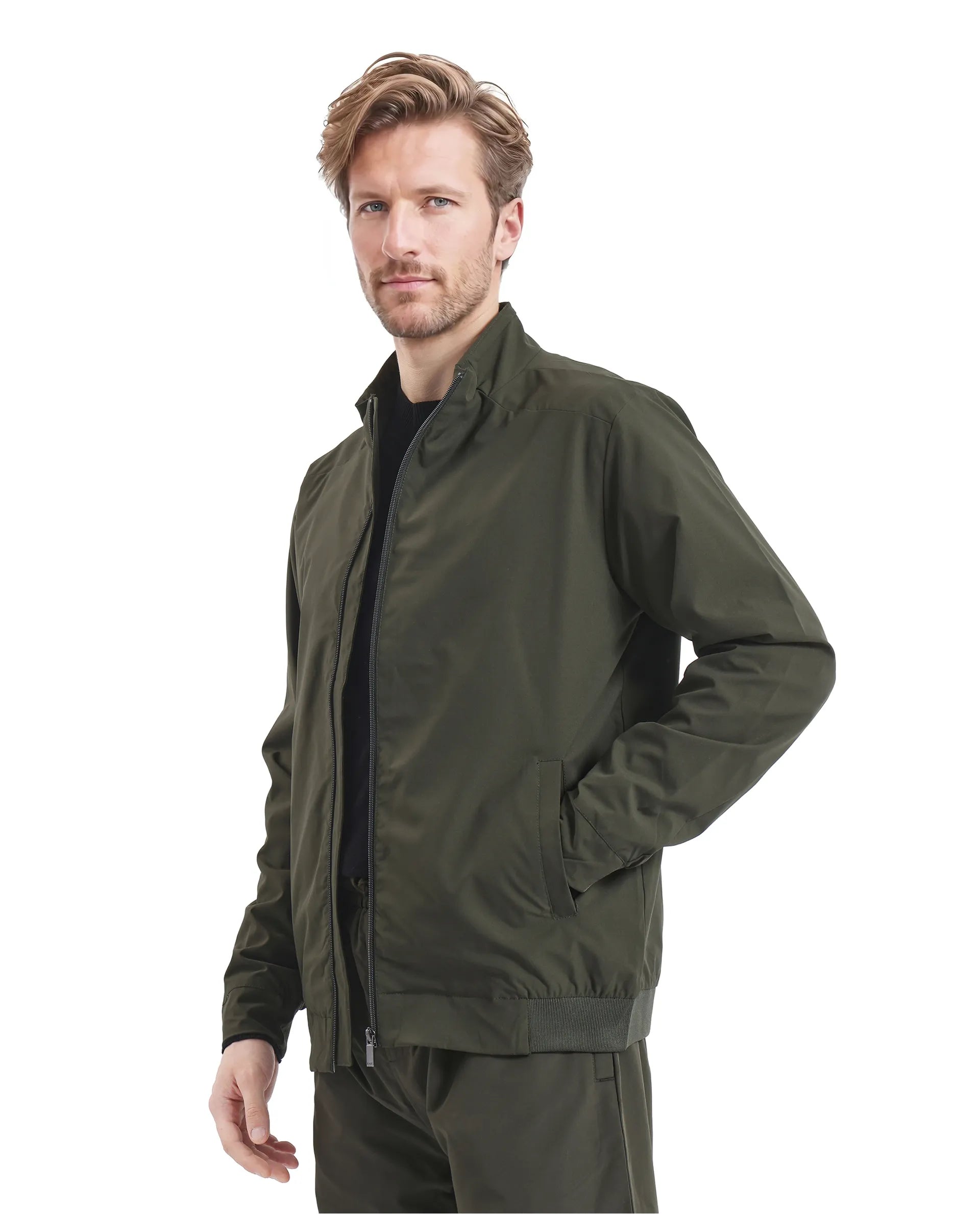 Rare Rabbit Men Niger Green Polyester Fabric Full Sleeve Curved High Collar Typography Backprint Jacket