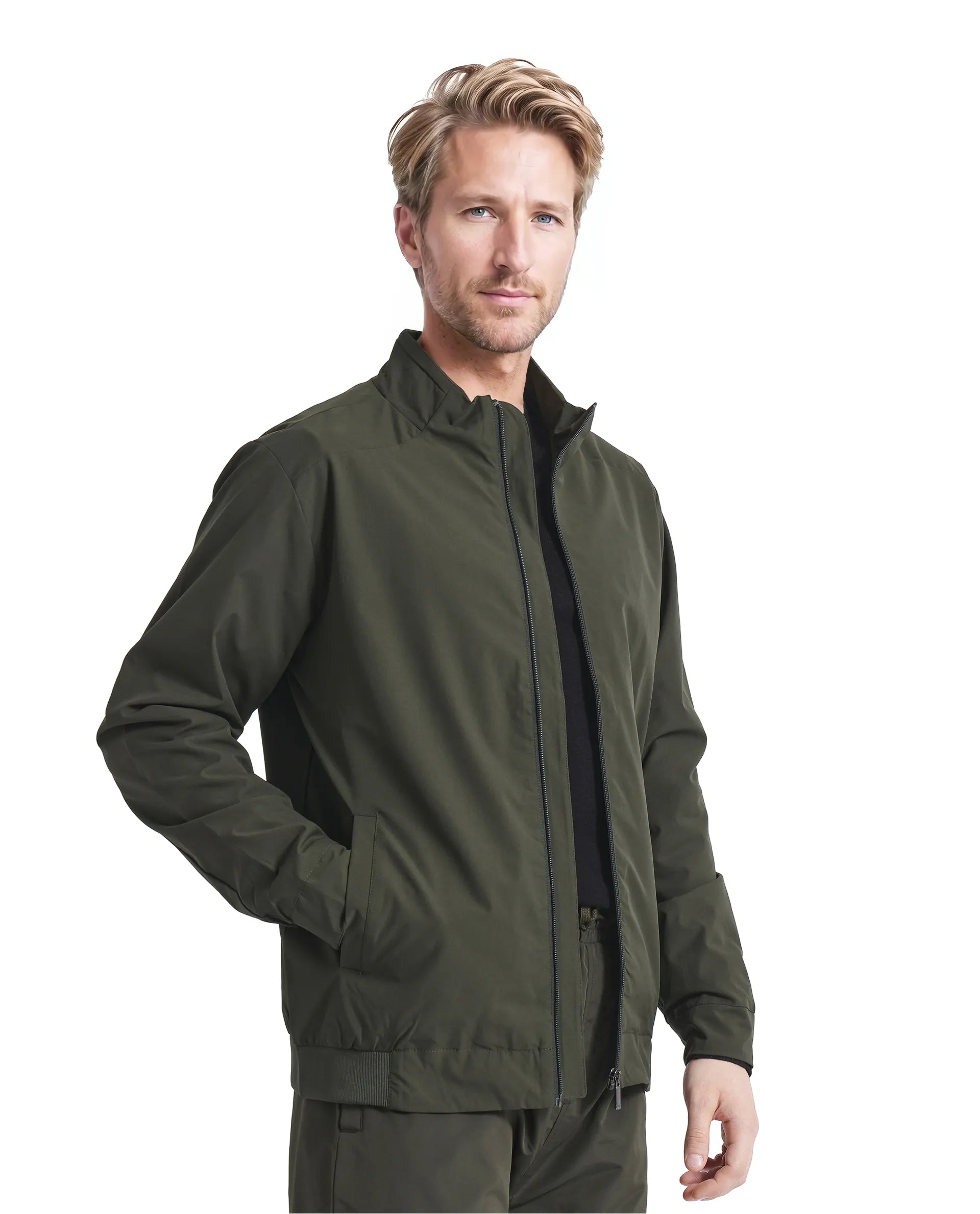 Rare Rabbit Men Niger Green Polyester Fabric Full Sleeve Curved High Collar Typography Backprint Jacket