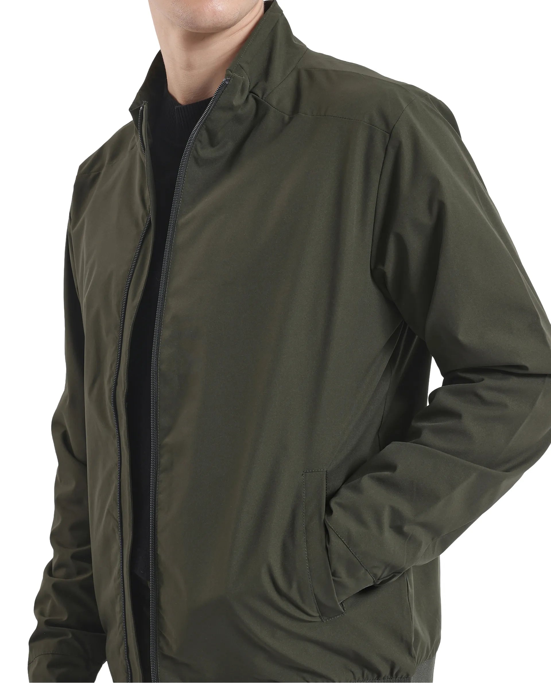 Rare Rabbit Men Niger Green Polyester Fabric Full Sleeve Curved High Collar Typography Backprint Jacket