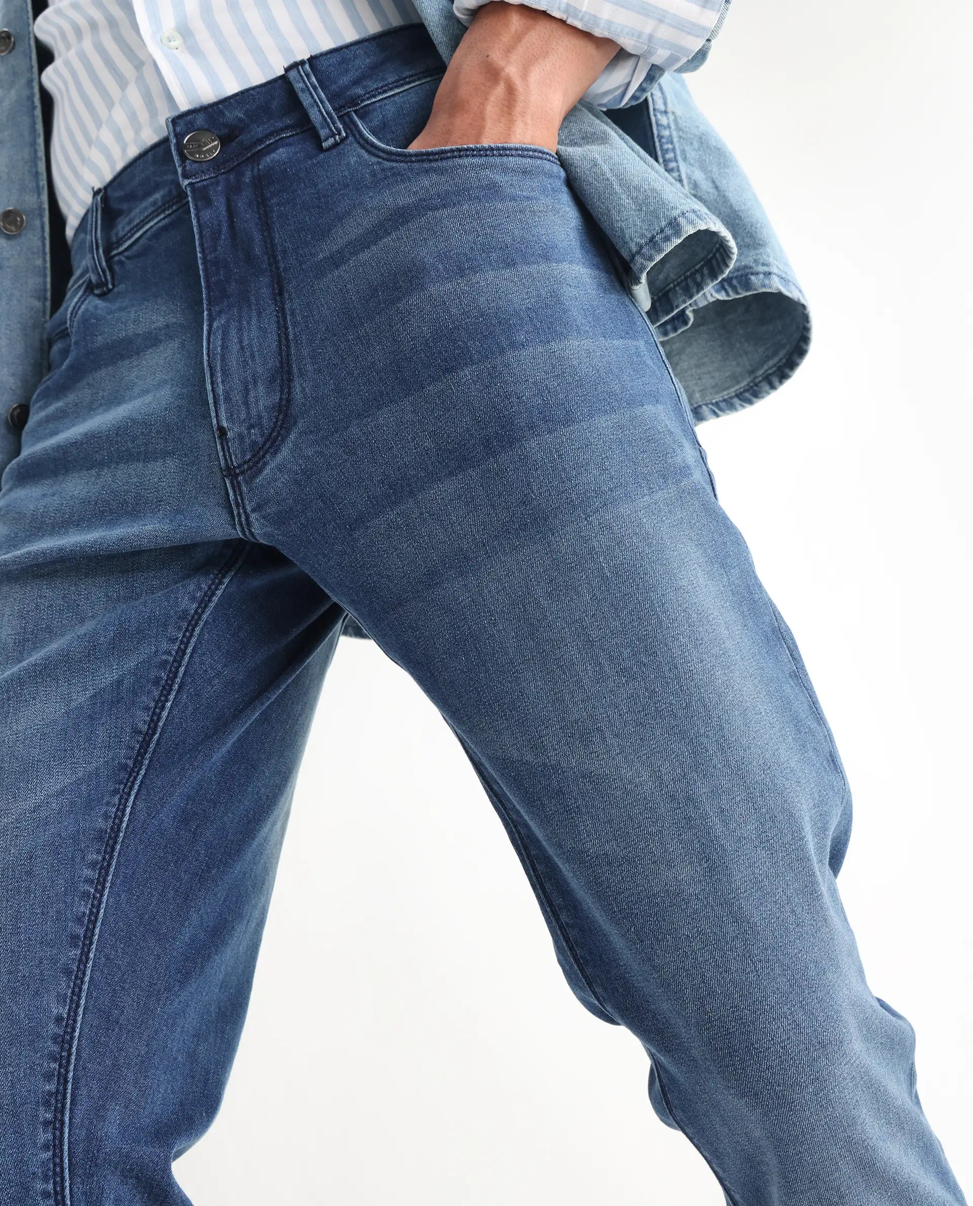 Rare Rabbit Men's Night Light Blue Cotton Plain Hawk Slim Fit Jeans