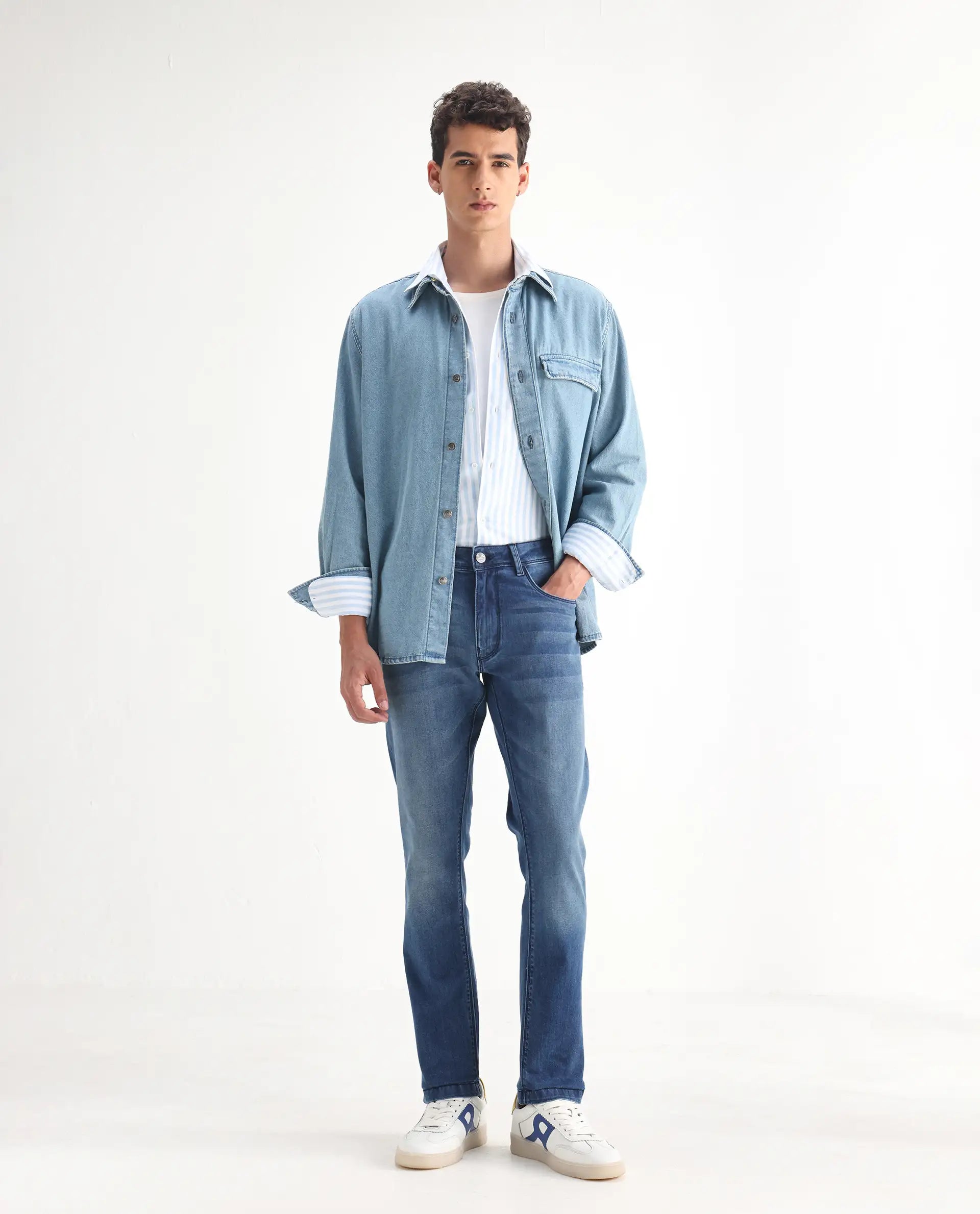 Rare Rabbit Men's Night Light Blue Cotton Plain Hawk Slim Fit Jeans