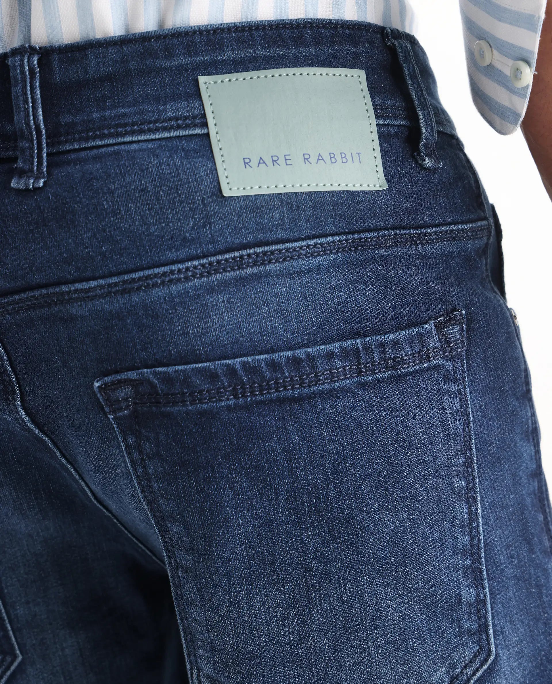 Rare Rabbit Men's Night Dark Blue Cotton Plain Hawk Slim Fit Jeans