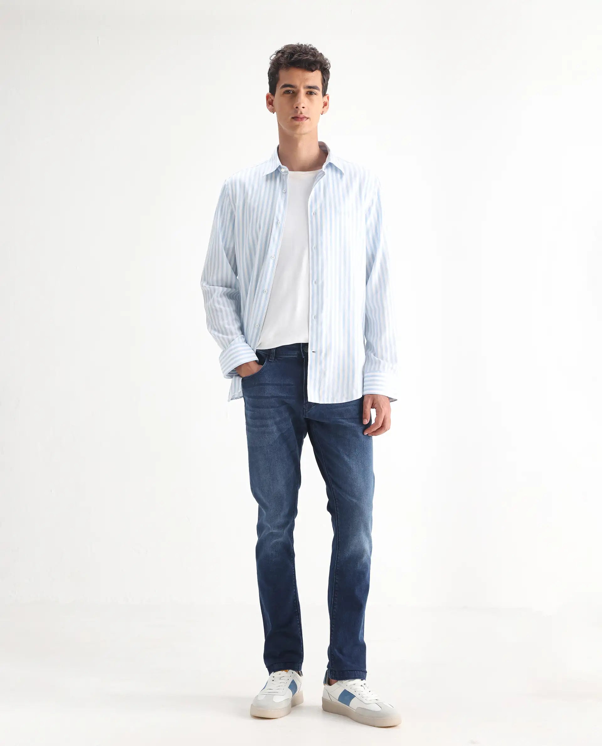 Rare Rabbit Men's Night Dark Blue Cotton Plain Hawk Slim Fit Jeans