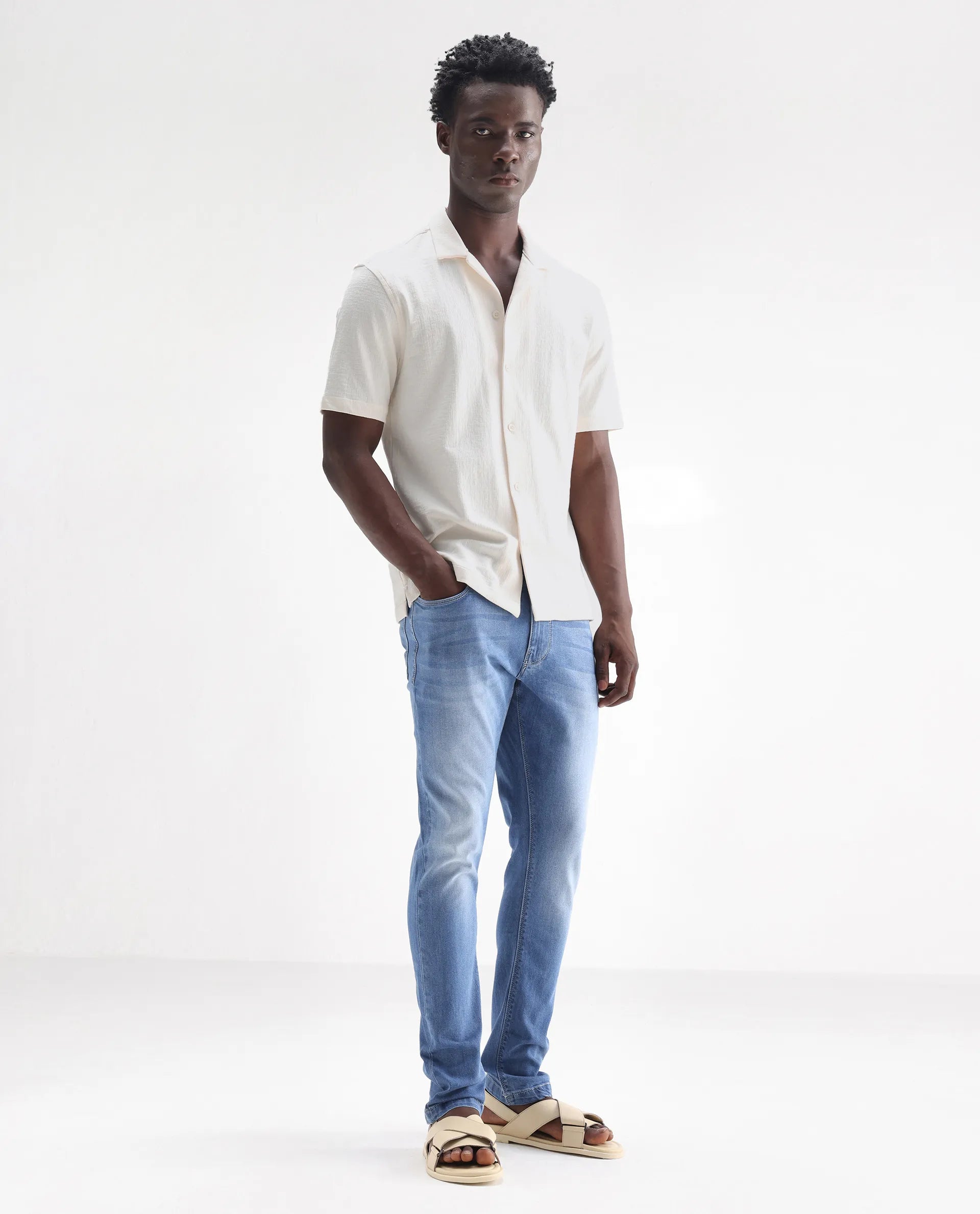 Rare Rabbit Men's Night Pastel Blue Cotton Plain Hawk Slim Fit Jeans