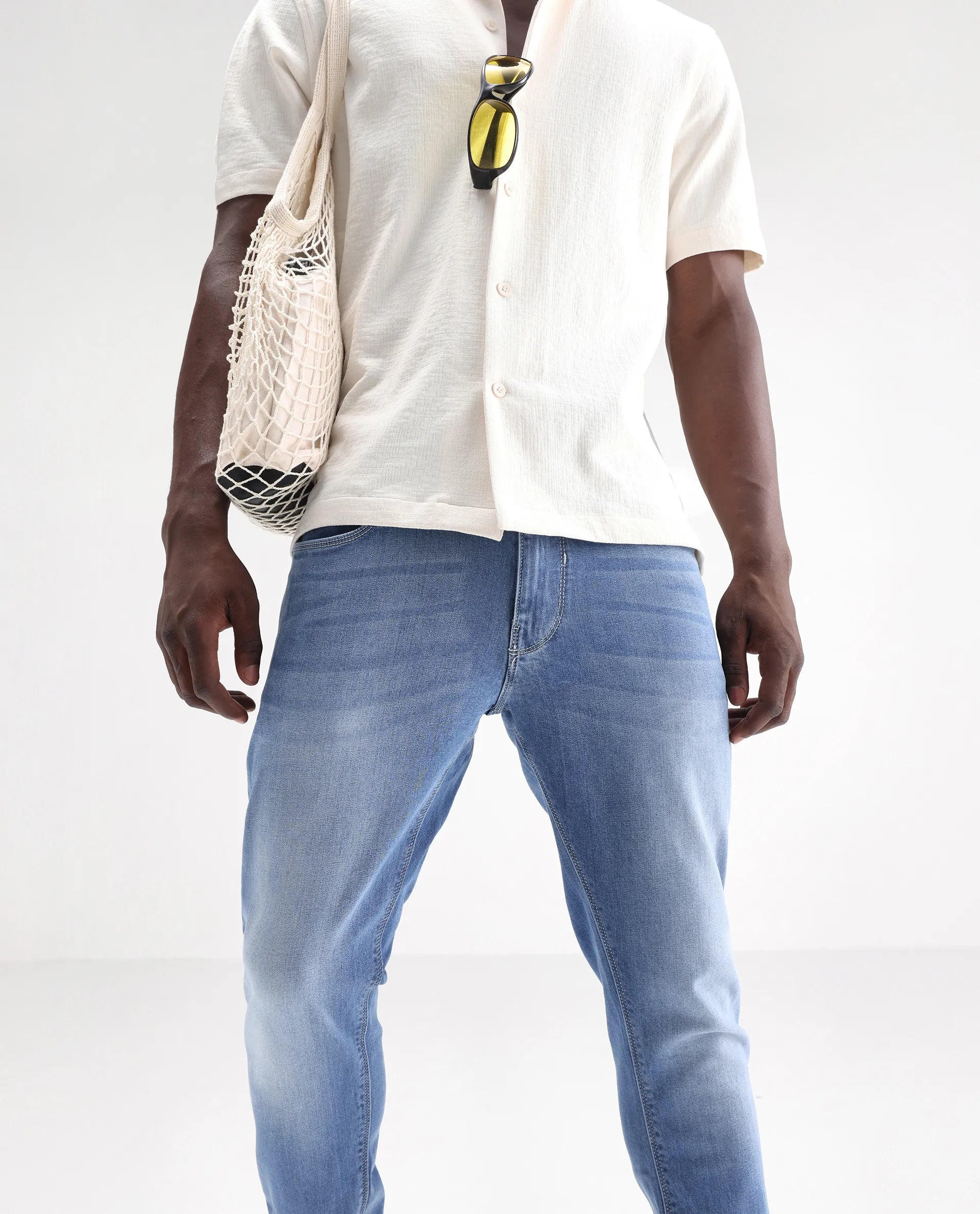 Rare Rabbit Men's Night Pastel Blue Cotton Plain Hawk Slim Fit Jeans