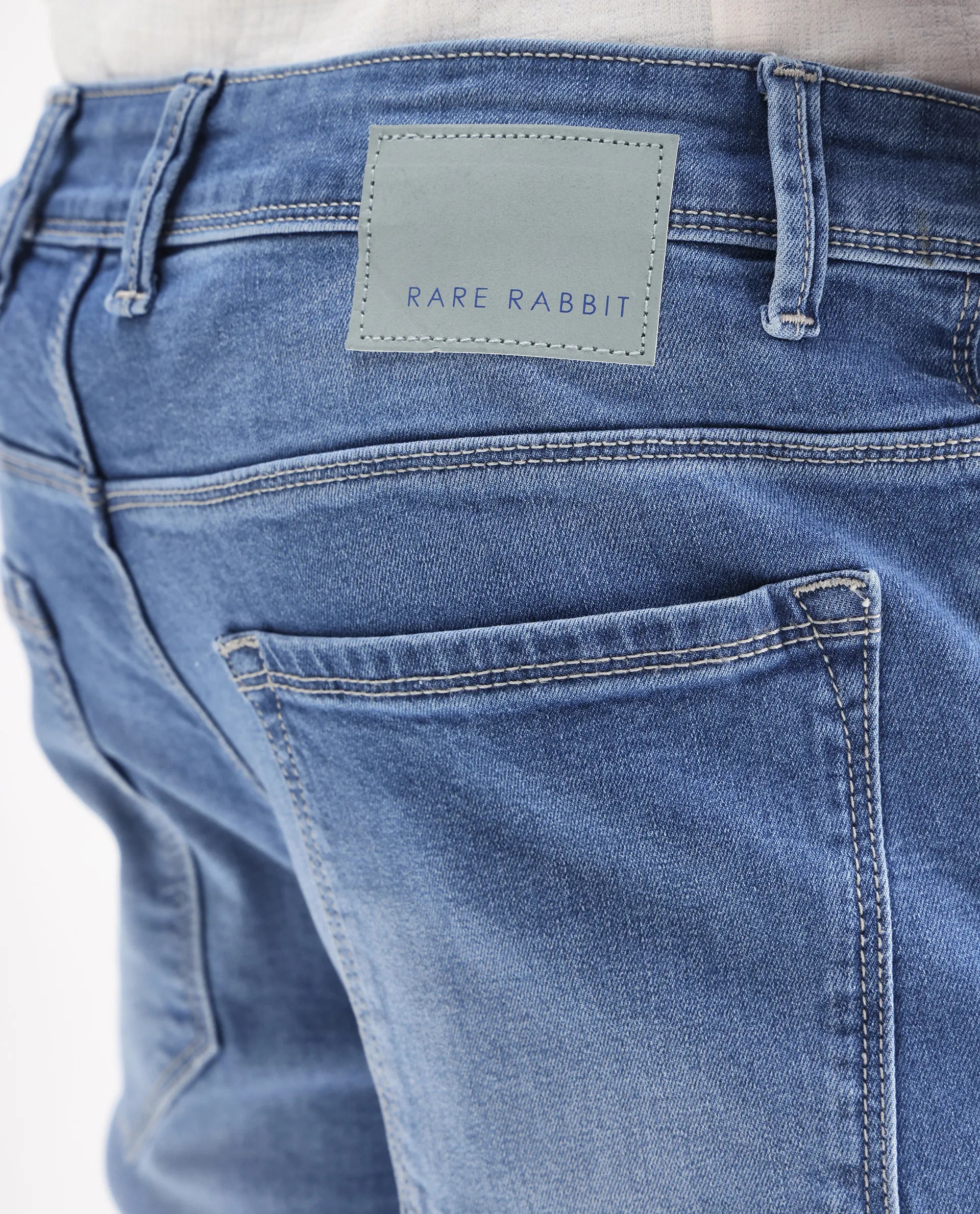 Rare Rabbit Men's Night Pastel Blue Cotton Plain Hawk Slim Fit Jeans