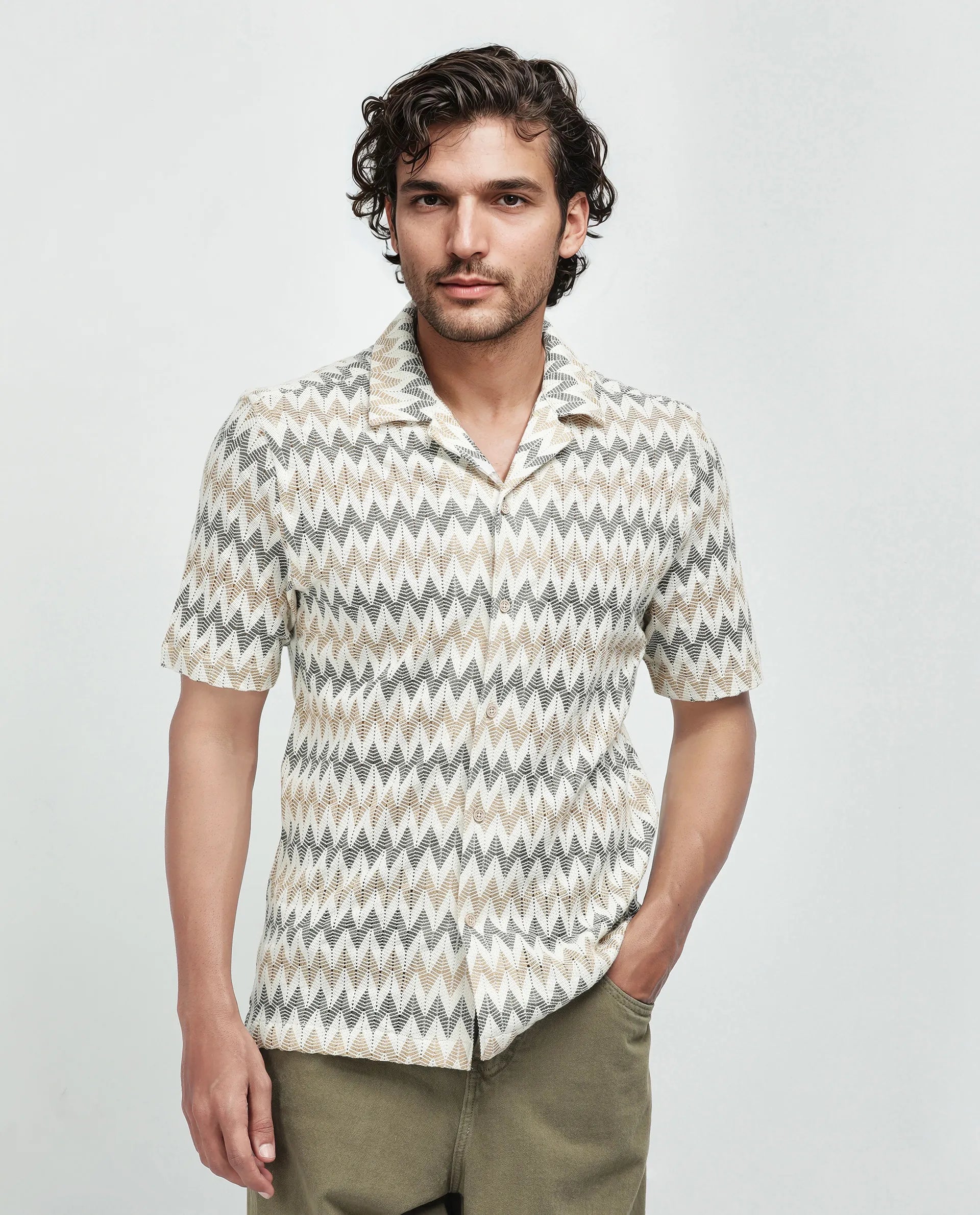 Rare Rabbit Men's Nikon Beige Cotton Fabric Short Sleeve Collared Neck Plain Shirt