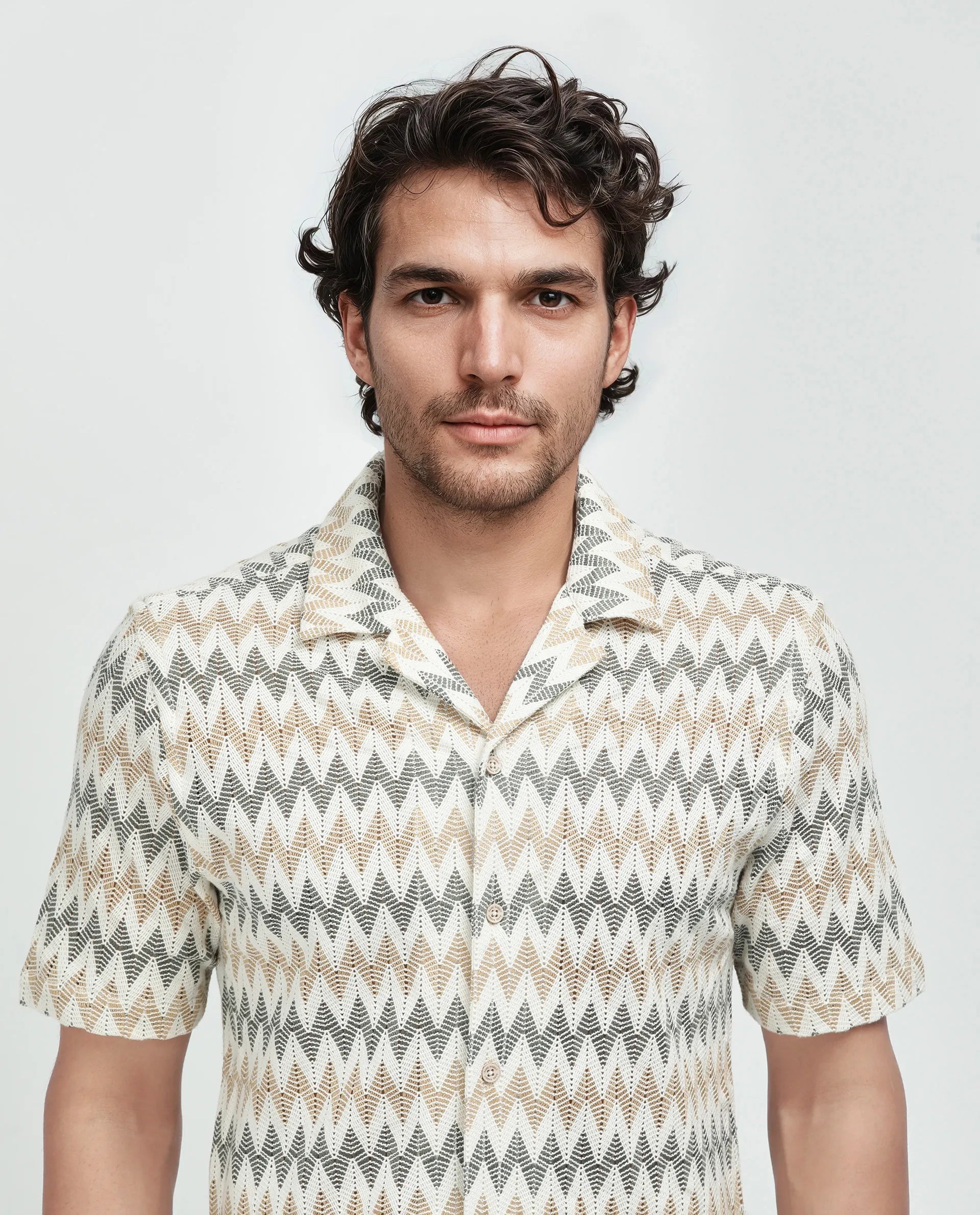 Rare Rabbit Men's Nikon Beige Cotton Fabric Short Sleeve Collared Neck Plain Shirt