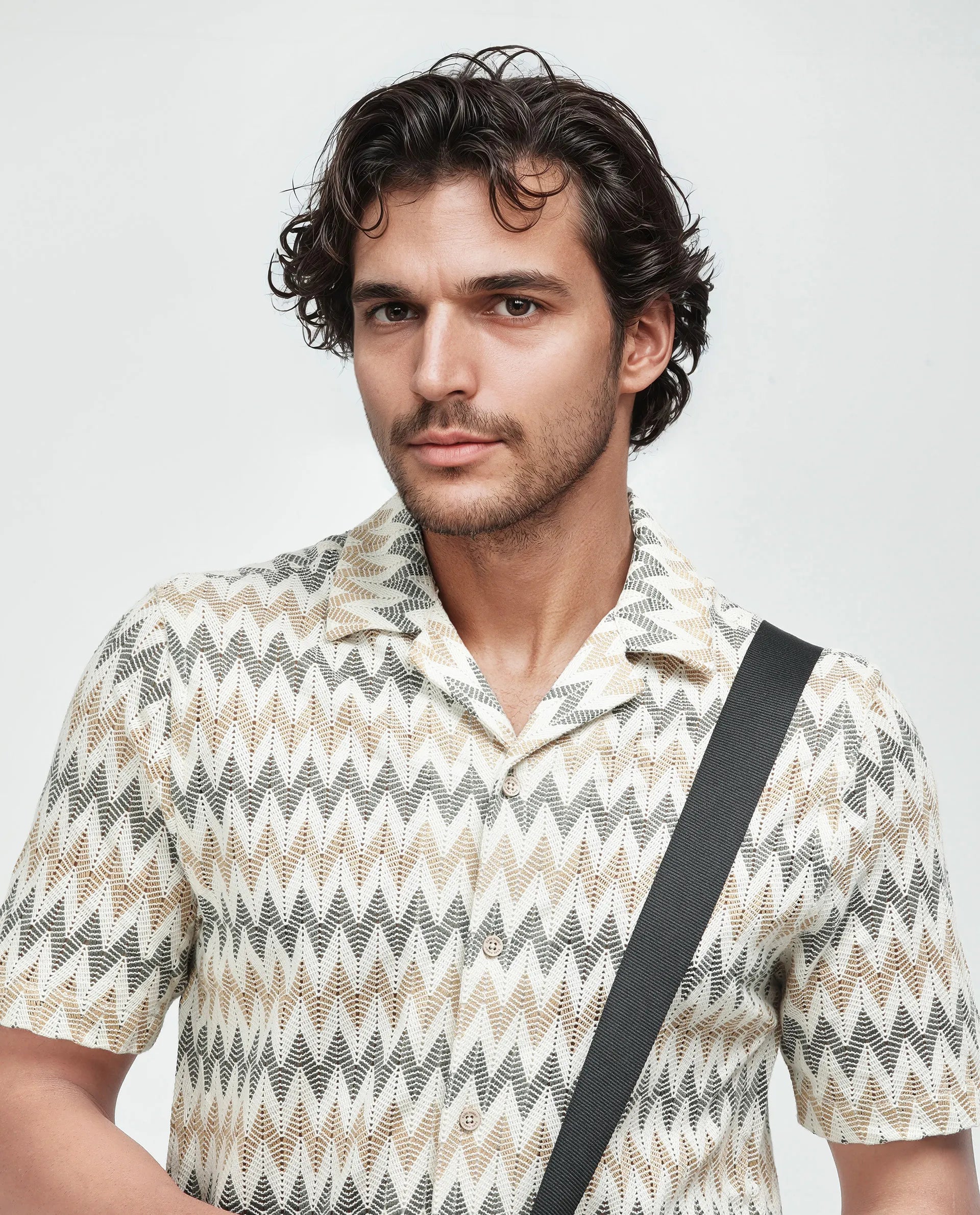 Rare Rabbit Men's Nikon Beige Cotton Fabric Short Sleeve Collared Neck Plain Shirt