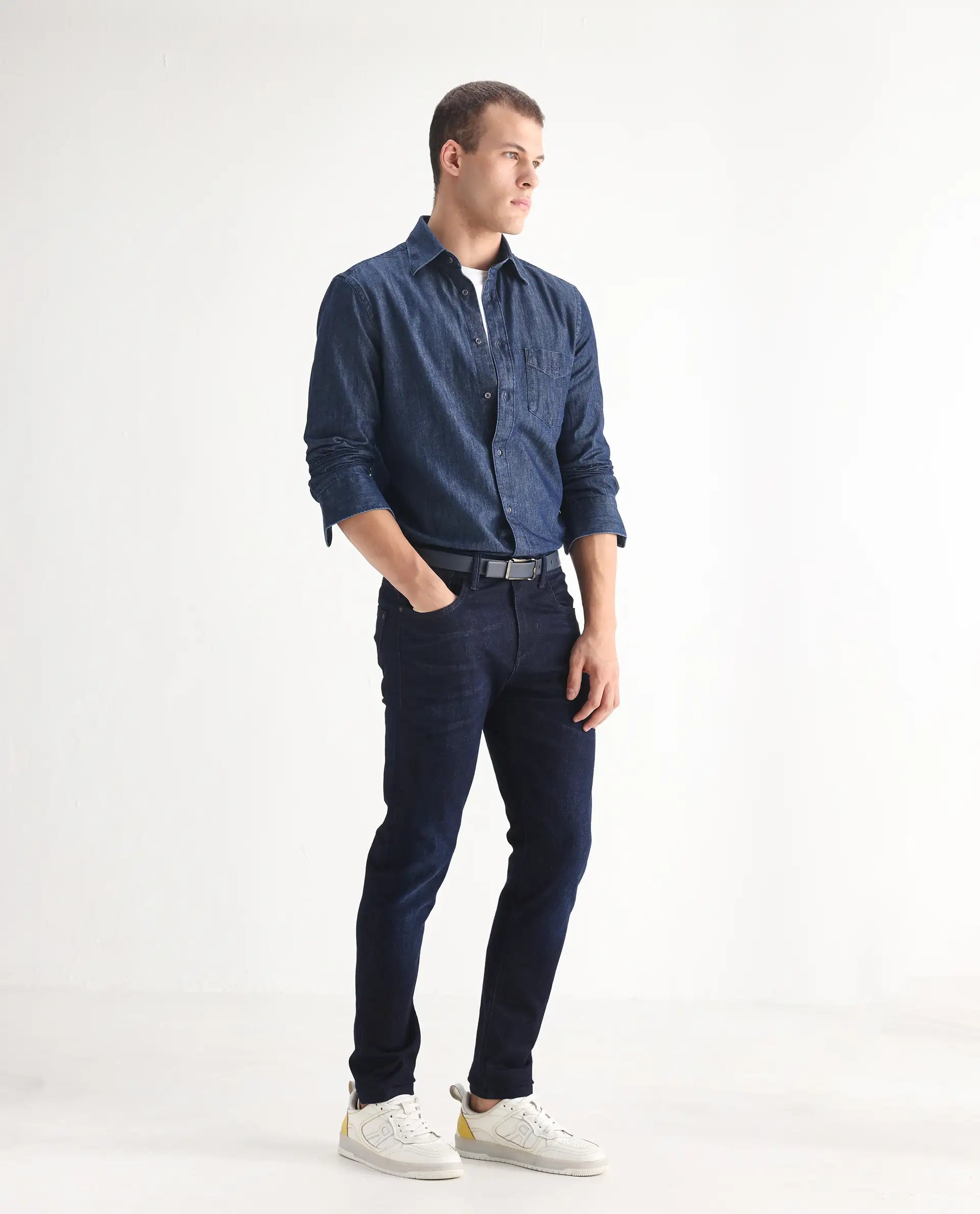 Rare Rabbit Men's Nikos Dark Navy Cotton Blend Plain Morris Regular Fit Jeans