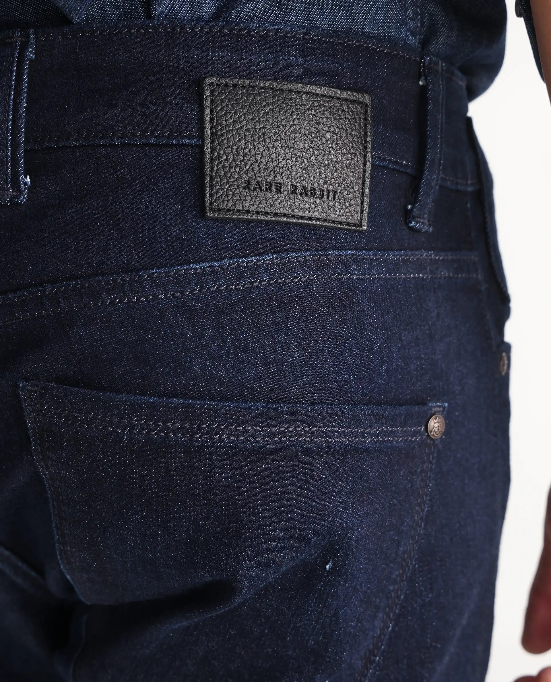 Rare Rabbit Men's Nikos Dark Navy Cotton Blend Plain Morris Regular Fit Jeans