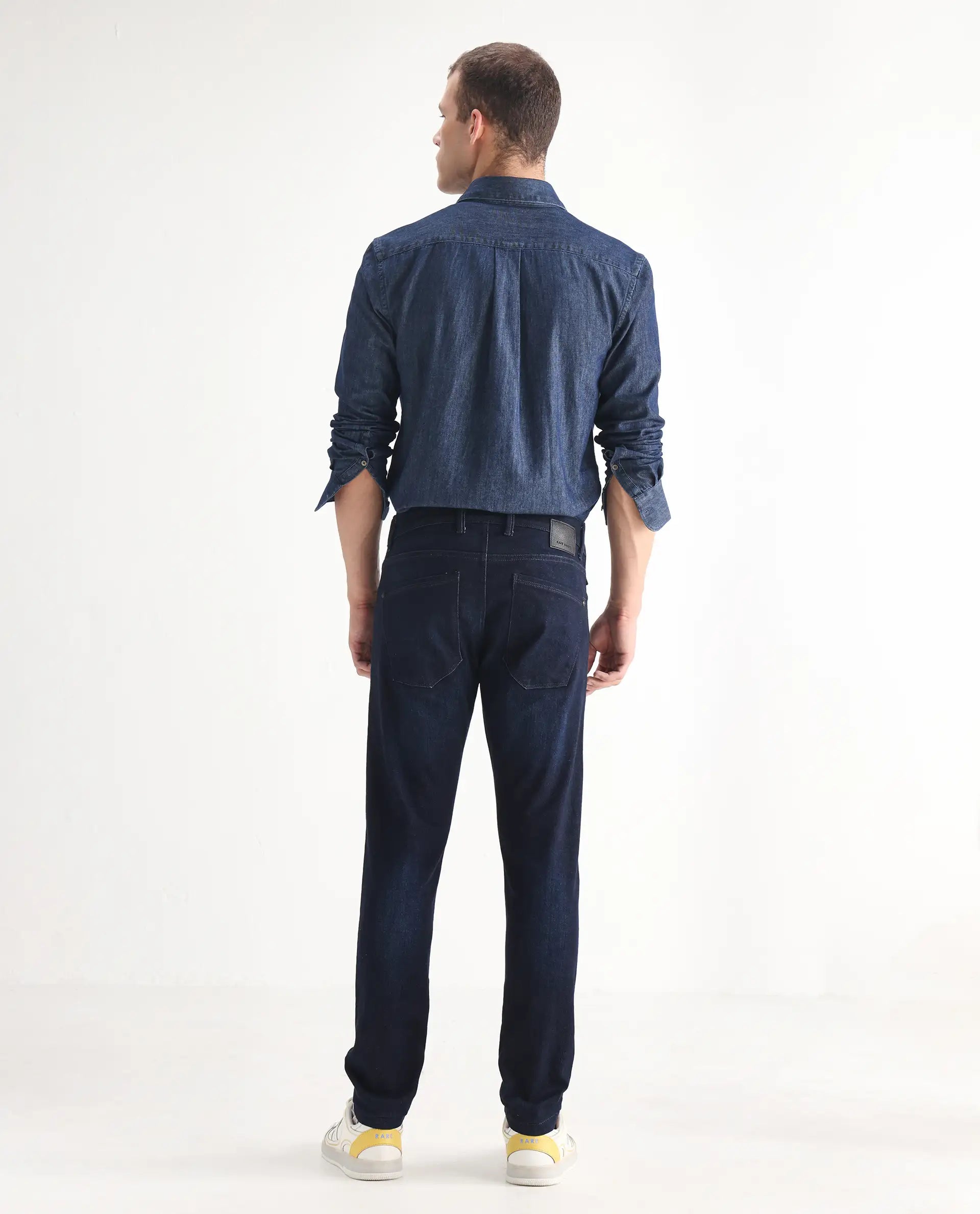 Rare Rabbit Men's Nikos Dark Navy Cotton Blend Plain Morris Regular Fit Jeans