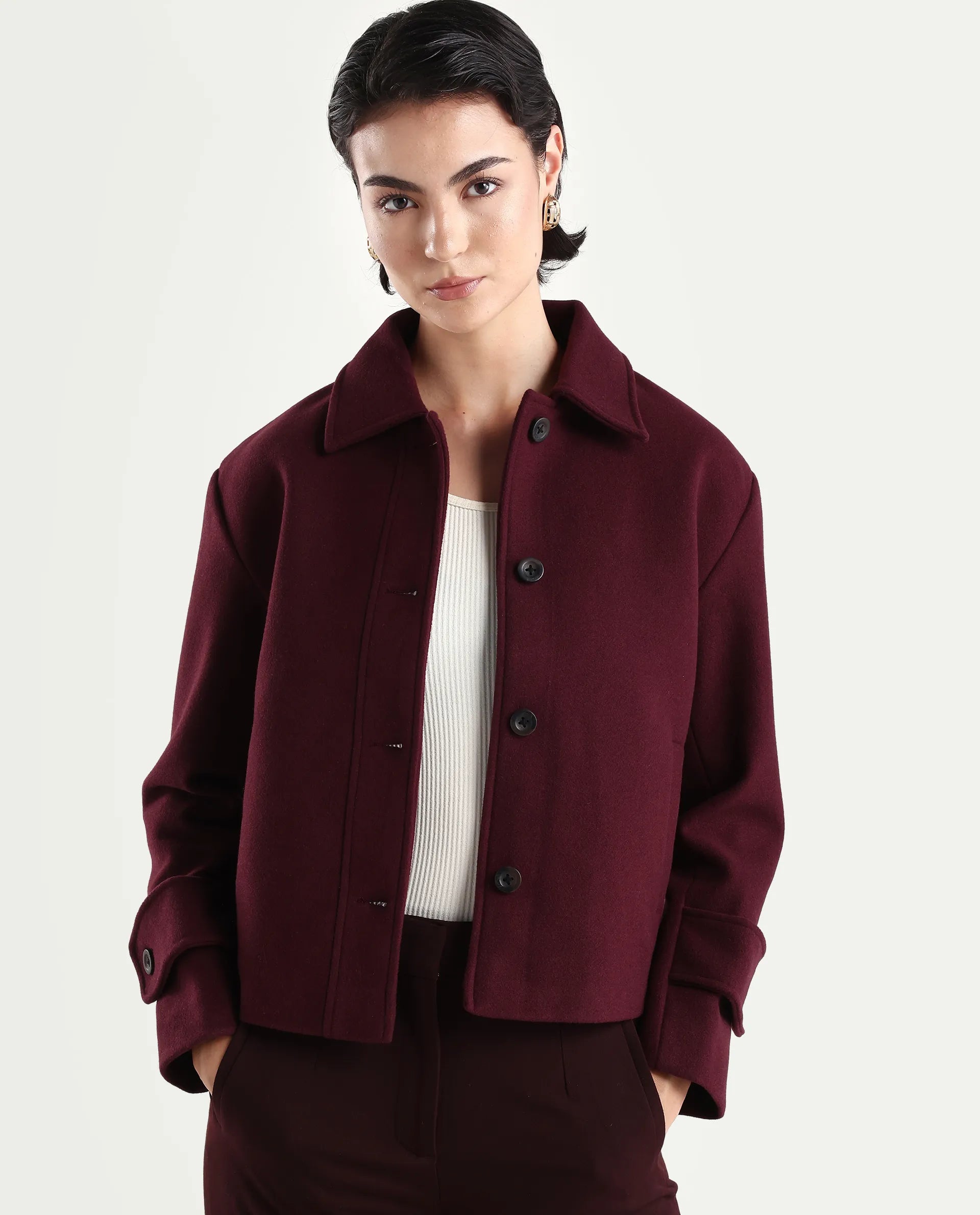 Rareism Women's Nikzo Wine Polyester Blend Spread Collar Regular Fit Jacket