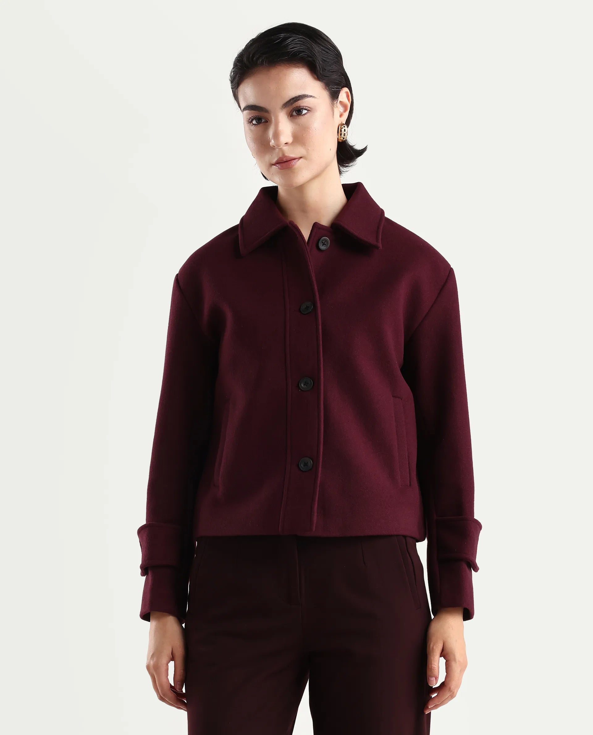 Rareism Women's Nikzo Wine Polyester Blend Spread Collar Regular Fit Jacket