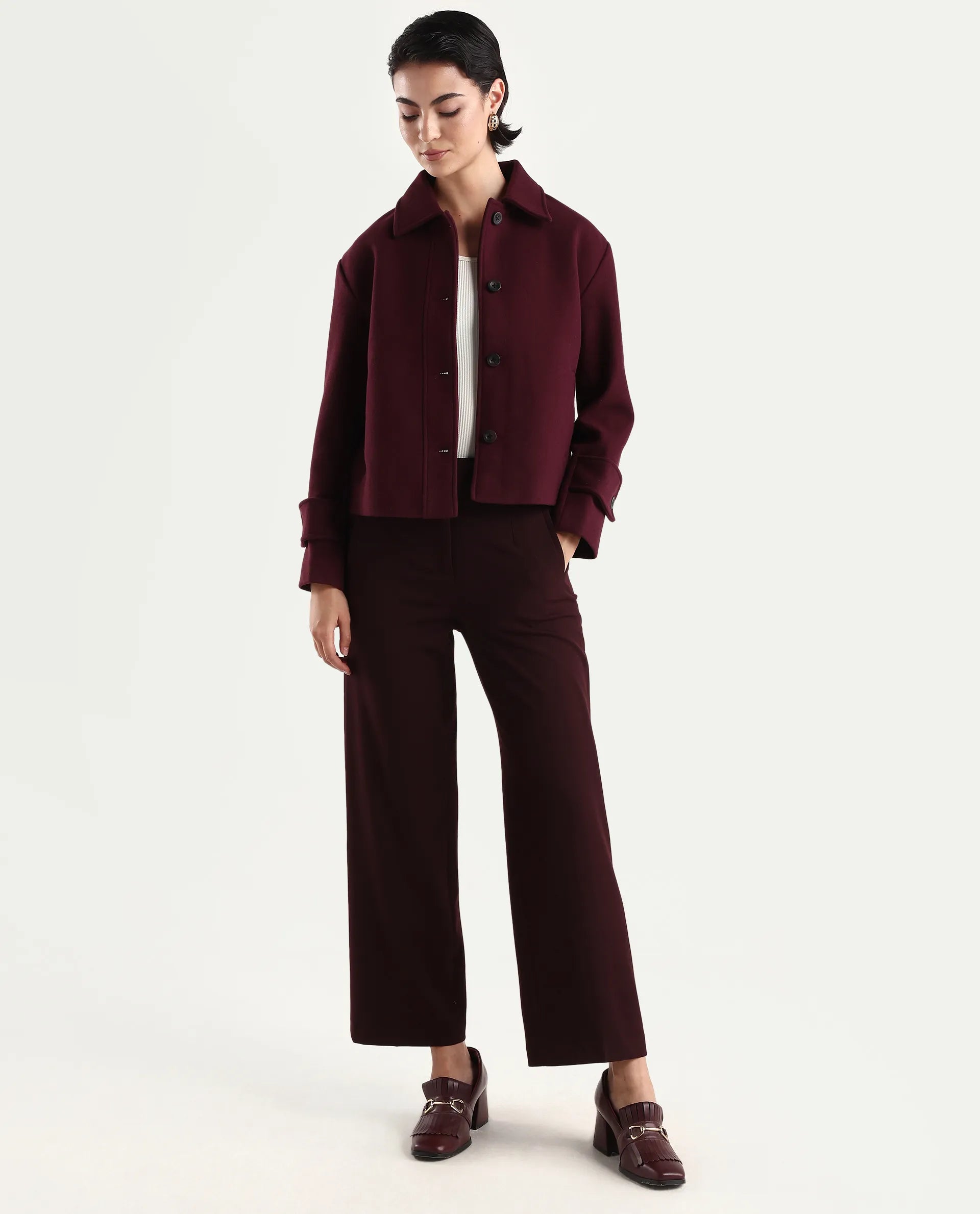 Rareism Women's Nikzo Wine Polyester Blend Spread Collar Regular Fit Jacket