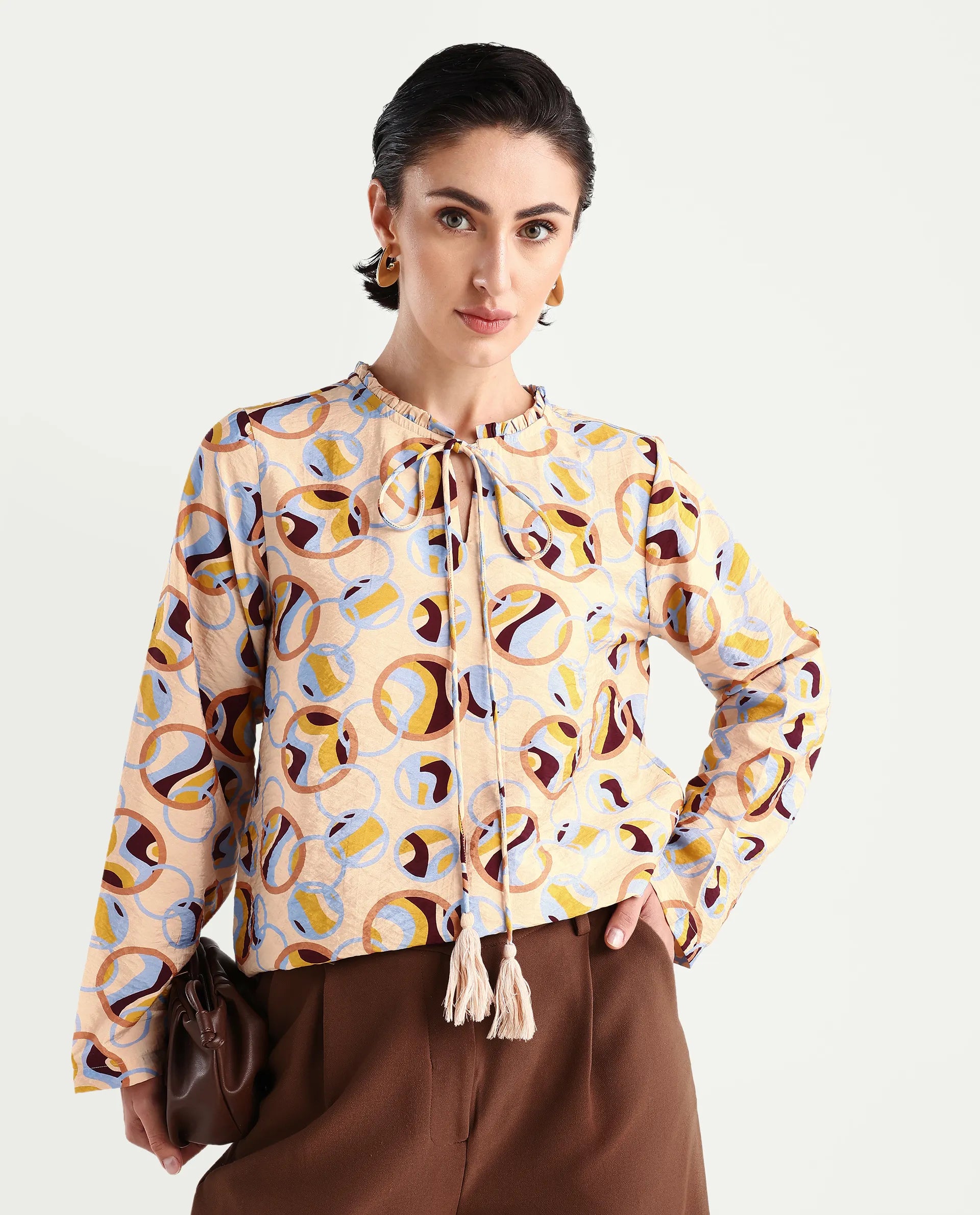 Rareism Women's Nili Multi Nylon Blend Sweetheart Neck Abstract Print Ruffled Sleeve Regular Fit Top